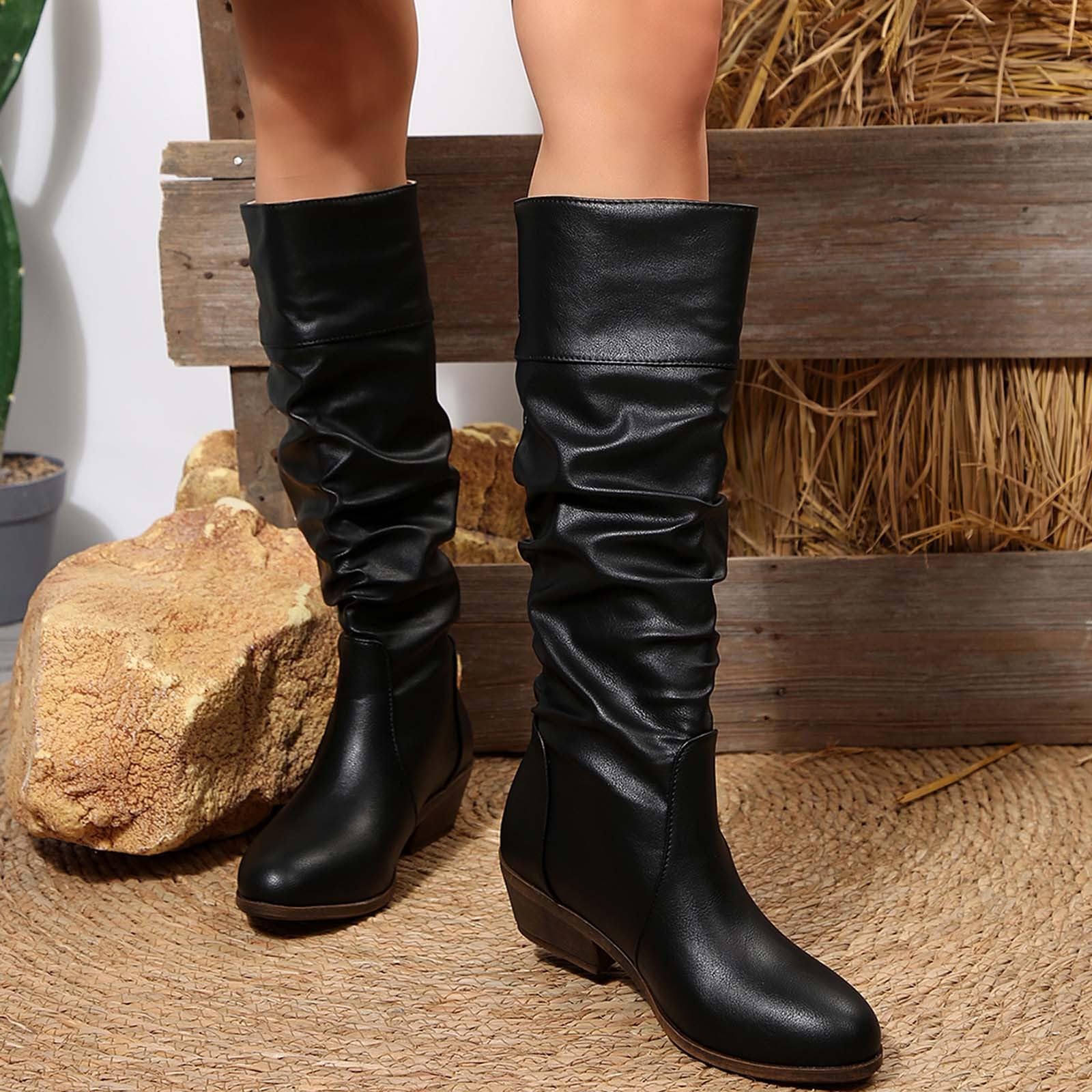 Botas por Encima de la Rodilla Botas de Media caña Moda, sin Cordones, con tacón Grueso, Ideales para el Invierno. Cómodas, cálidas, con Cordones, para un Look Casual y a la Intemperie.