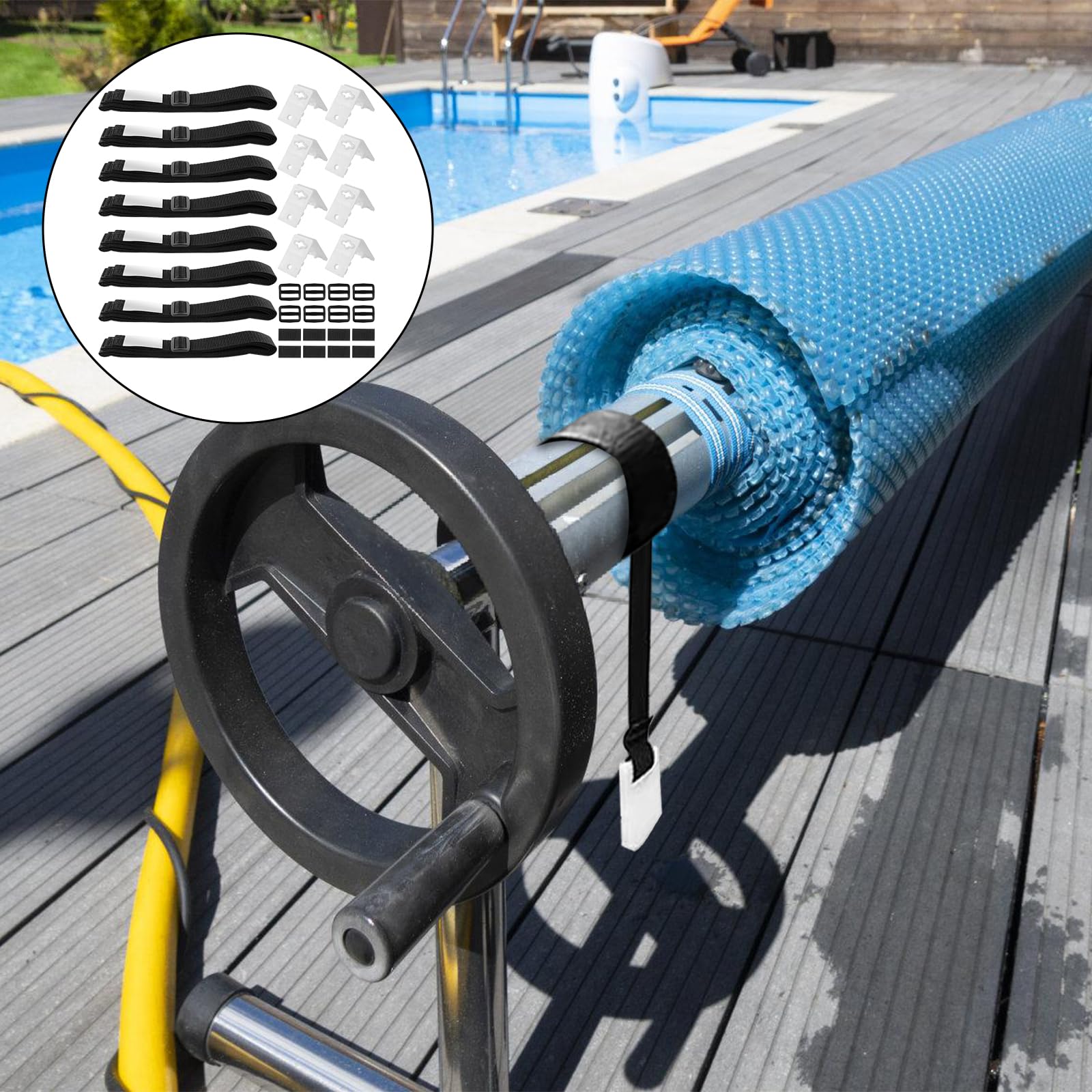 Bandas de sujeción para láminas de piscina solares, juego de 10 bandas de fijación y grapas, enrollador de piscina, dispositivo enrollable para sistema de enrollado móvil, para lonas de piscina