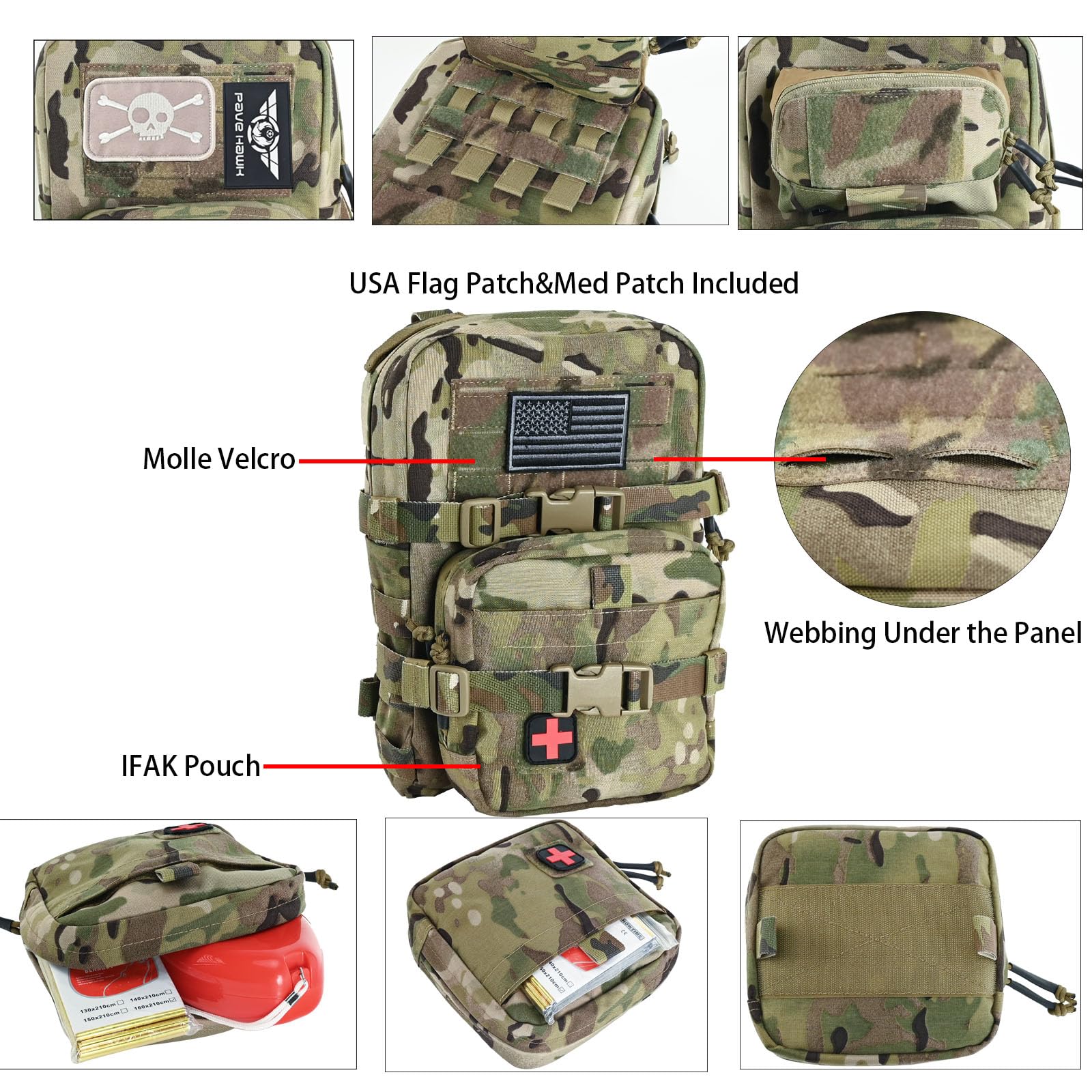 Paquete de hidratación táctico Mini Molle, portador de hidratación Molle con bolsa IFAK, bandera de Estados Unidos y parche Med, Hydropack para bolsa de agua de 2 litros