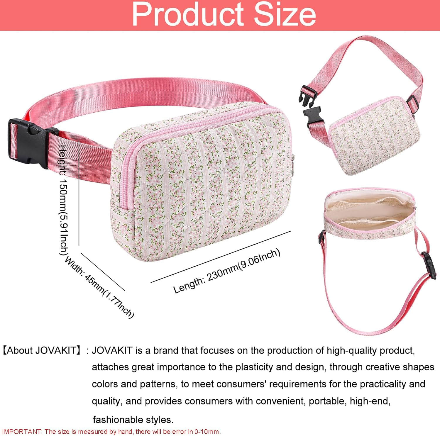 JOVAKIT Quilted Cotton Fanny Pack for Women Girls, Fashion Waist Packs with Adjustable Strap, Floral Coquette Running Waist Packs, Zipper Fanny Pack Crossbody Bags Travel Storage Bag (Pink) - Image 5