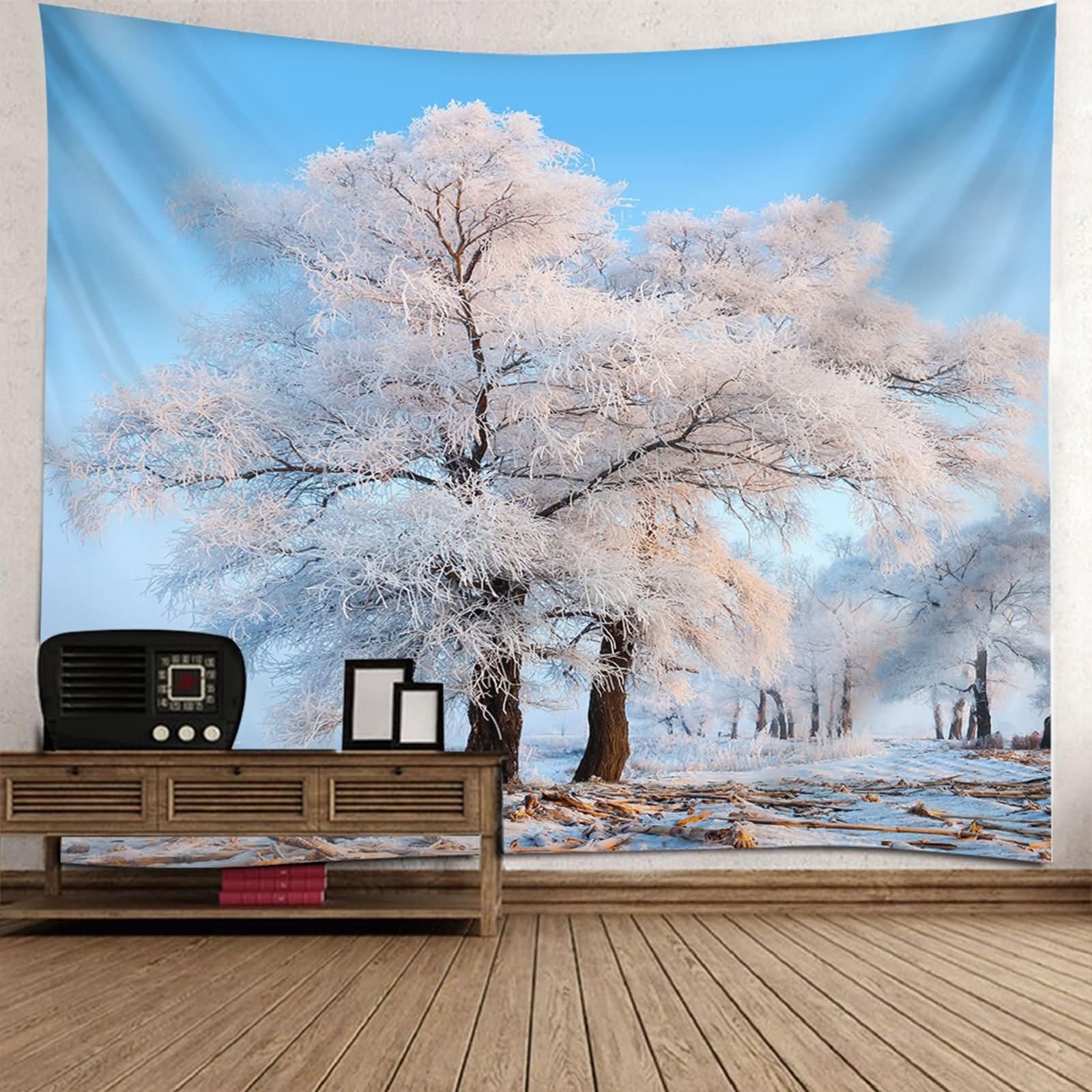 Homxi Wandteppich Landscape 260 W x 240 H CM, Schneebaumlandschaft, Polyester Wandtücher Decor, Blau Beige Braun