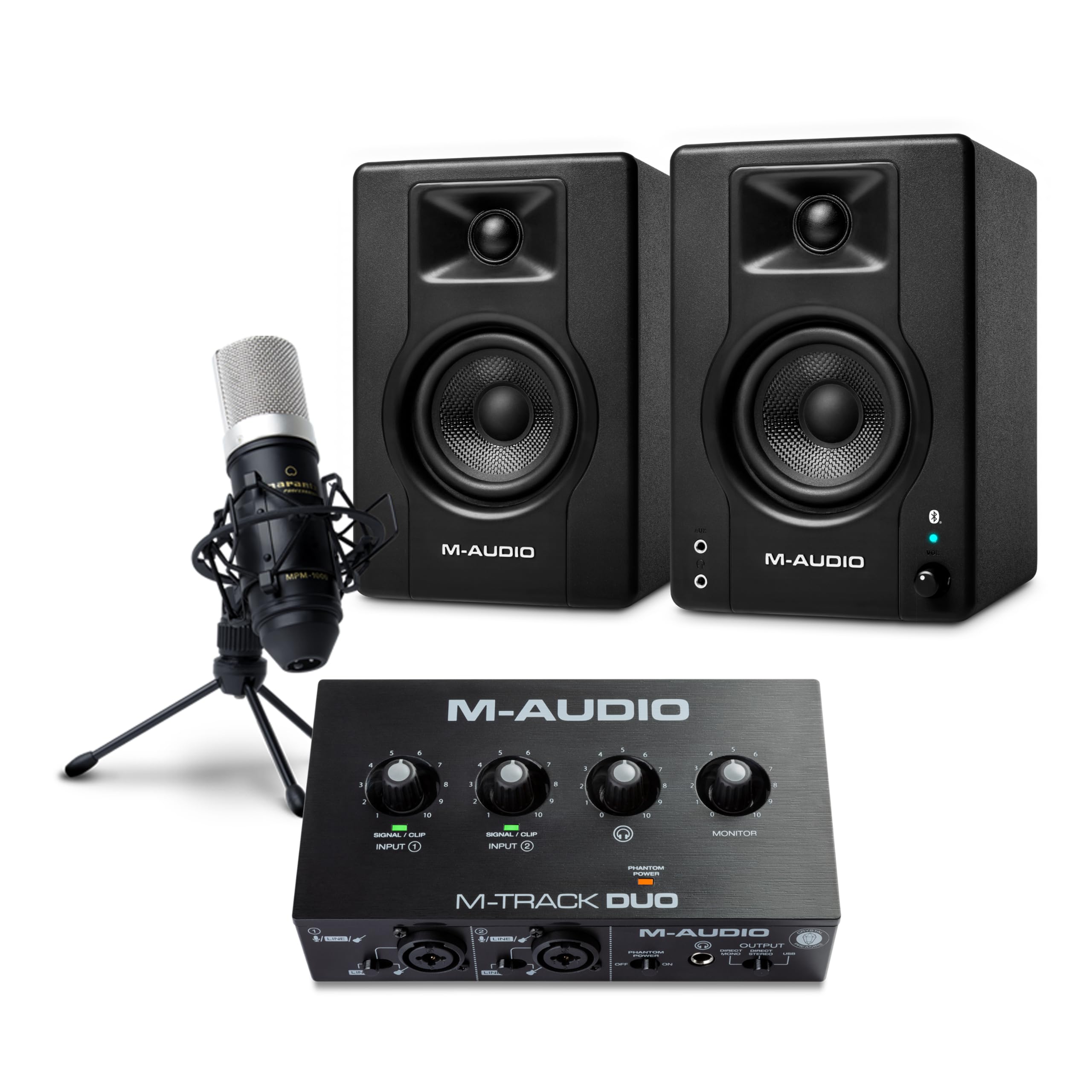 M-AUDIO Pack Paire de Moniteurs de Studio Bluetooth BX3 avec Interface Audio Double XLR et Microphone XLR pour Enregistrement Studio, Production Musicale, Podcasting, Streaming