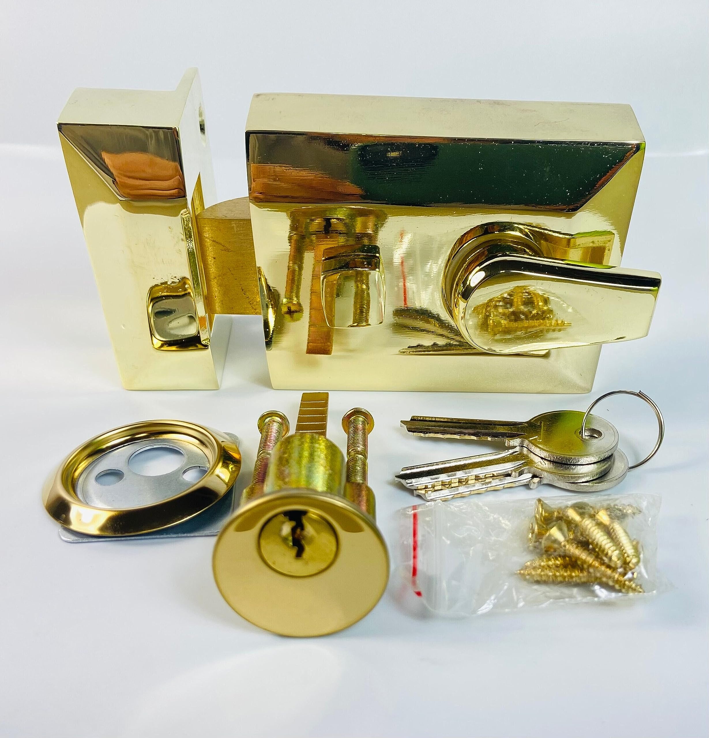 Security Night Latch with Heavy Duty Rim Cylinder in Polished Brass Finish Dimensions 60X90X22mm