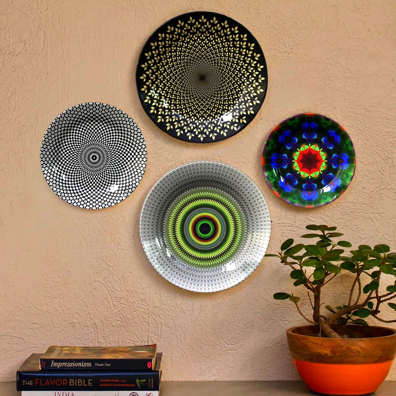 JIKRAA® Indian Traditional Art Ceramic Decorative Designer Wall and Table Top Plate/Platter with Stand and Hook - Combo Design 10 (Set of 4 Plates; 2 X 10 Inch, 2 X 8 Inch)