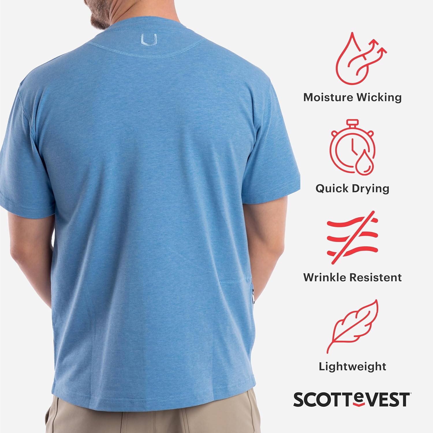 SCOTTeVEST T-Shirt for Men - 3 Hidden Pockets - Breathable Moisture Wicking Crew Neck Shirt for Travel & More