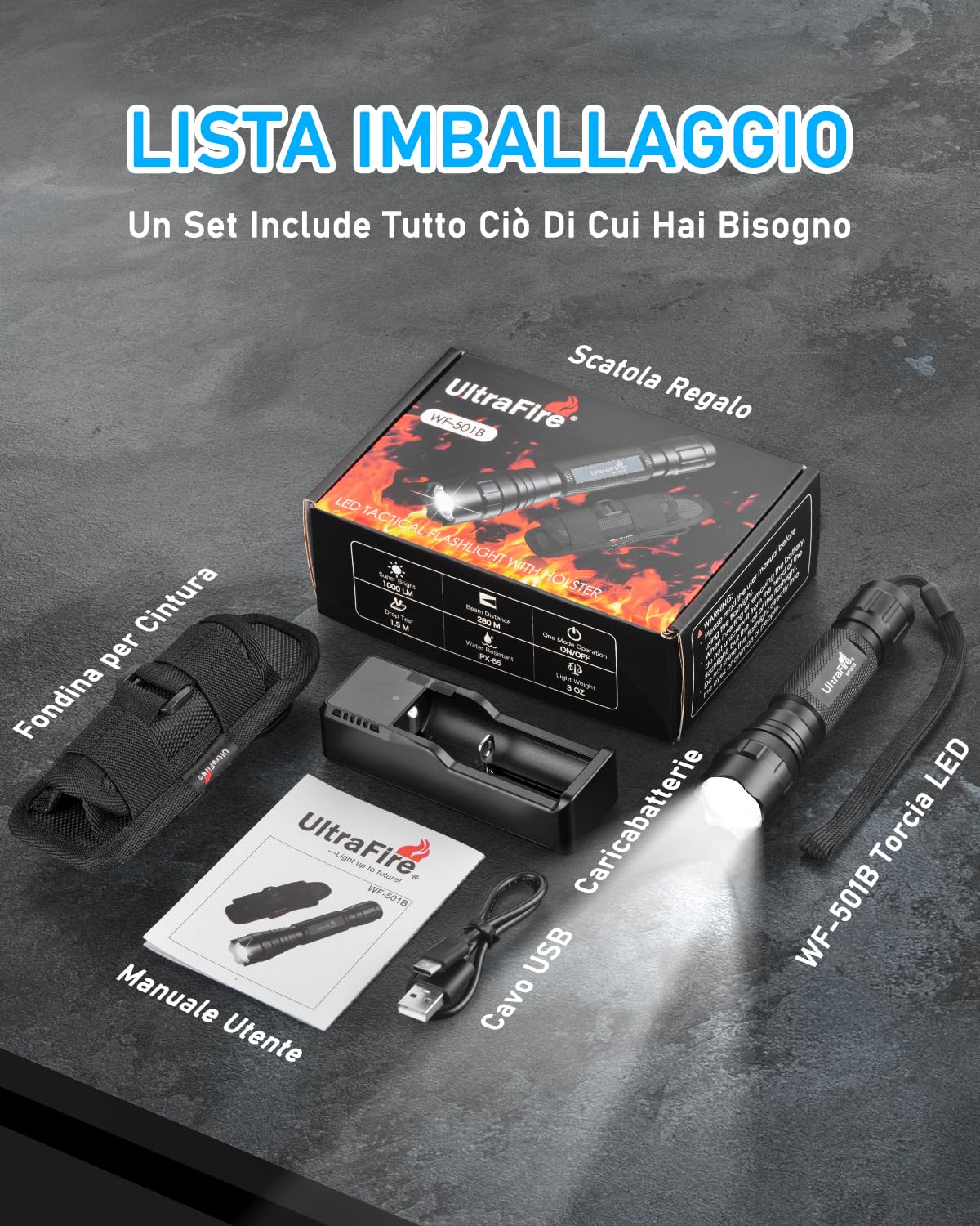 ULTRAFIRE Torcia tattica con fondina, 1000 lumen, modalità singola, torcia LED con tasca per cintura, super luminosa, piccola torcia portatile WF-501B