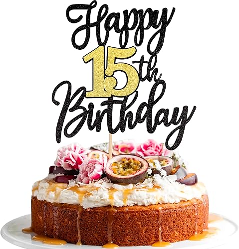 Miniatura 8 de 1 PIEZA Decoración Superior para Pastel Feliz Cumpleaños 15 Negro Dorado con Purpurina Brindis por 15 Años Selección de Pastel de Cumpleaños 15