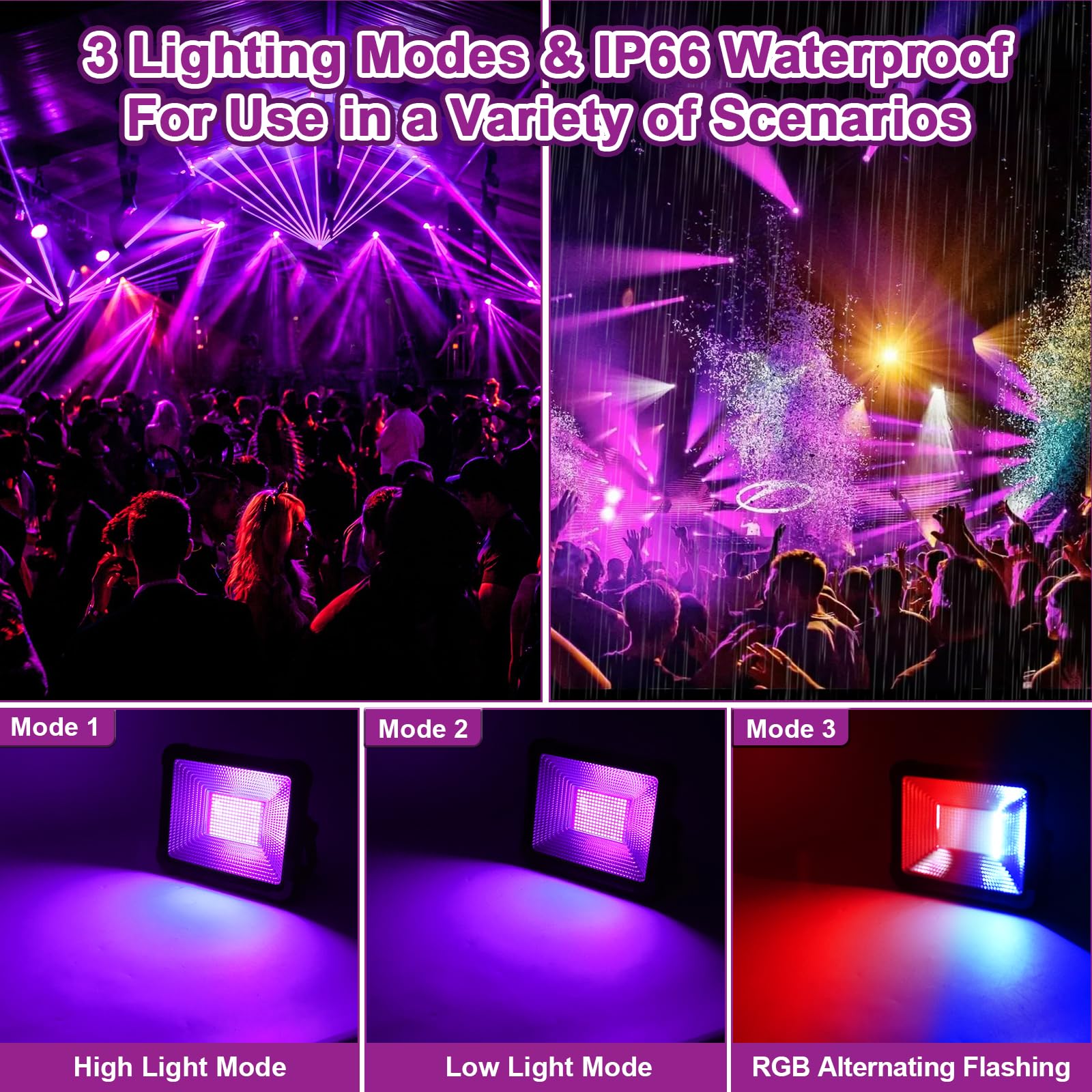 Hossom 100W Luz Negra, UV Luz Negra Exterior y Black Light Ultravioleta 385-400nm IP66 Resistente al Agua, Portátil Luz Neon para Decoración de halloween, Navidad, Pinturas Corporal, Fiesta de Neón