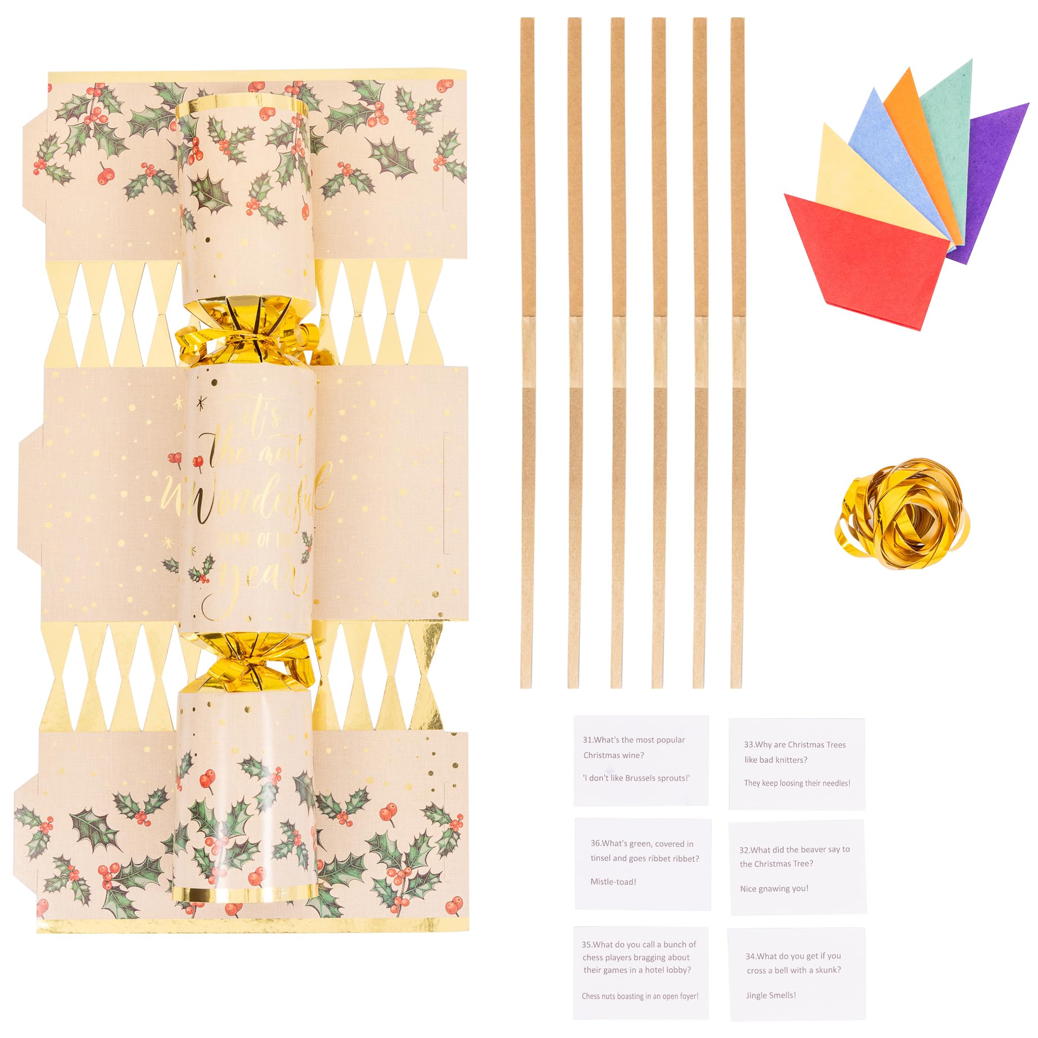 evelay Make Your Own Christmas Cracker Kit - Pack of 6 Festive DIY Crackers with Hats, Jokes & Ribbons - Personalise Your Own Fillers - Fun Xmas Craft Activity (Holly Taya)