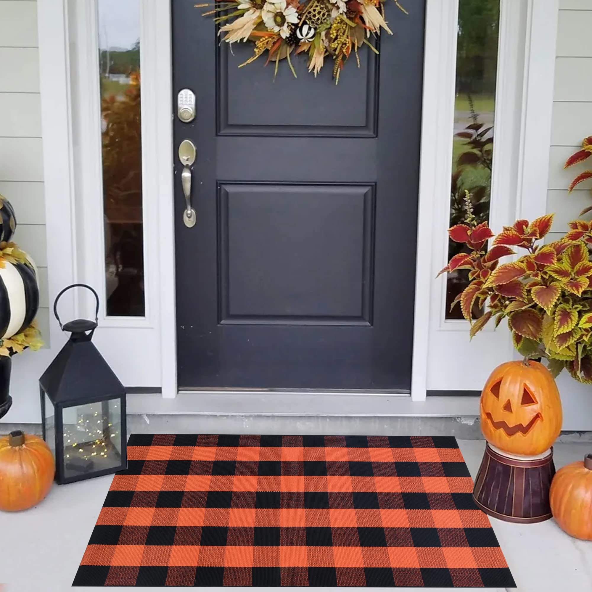 Bedkiss Orange and Black Plaid Rug Indoor Outdoor HandWoven Washable Doormat for Fall Front