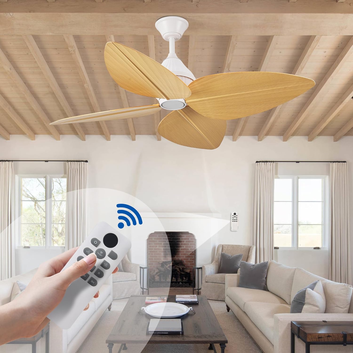 52" Ceiling Fan Without Lights, Tropical Ceiling Fans with APP and Remote Control, Indoor Palm Leaf Ceiling Fans for Living Room Bedroom Patios (Light Wood Grain)