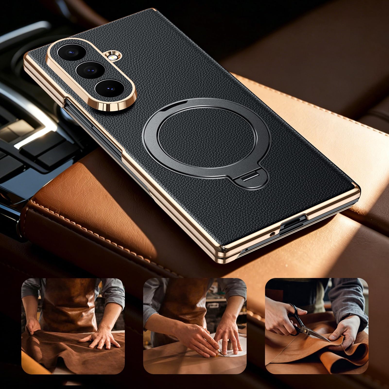 Per Samsung Galaxy Z Fold 8 Ultra Custodia Pelle, Anello, Bordo Oro | Folio a libro di lusso fatto a mano con anello. Stand regolabile, protezione lente totale, cover leggera(Brown)