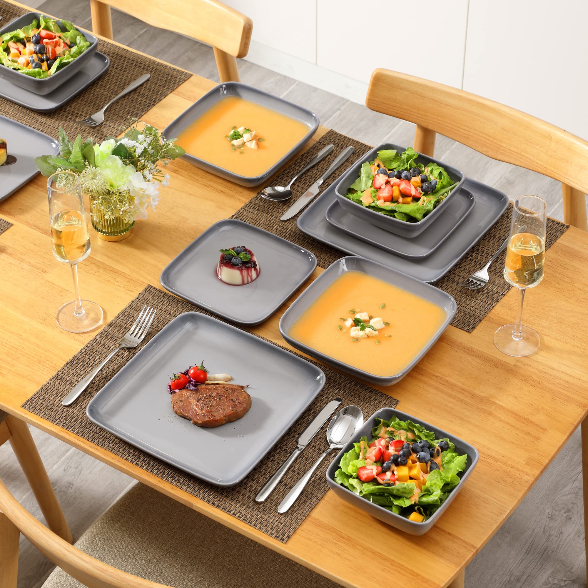 LOVECASA Série Sweet GE-DS04, 16pcs Service De Table Complet Porcelaine Pour 4 Personnes Avec Garniture Dorée-Vert Foncé - Maison