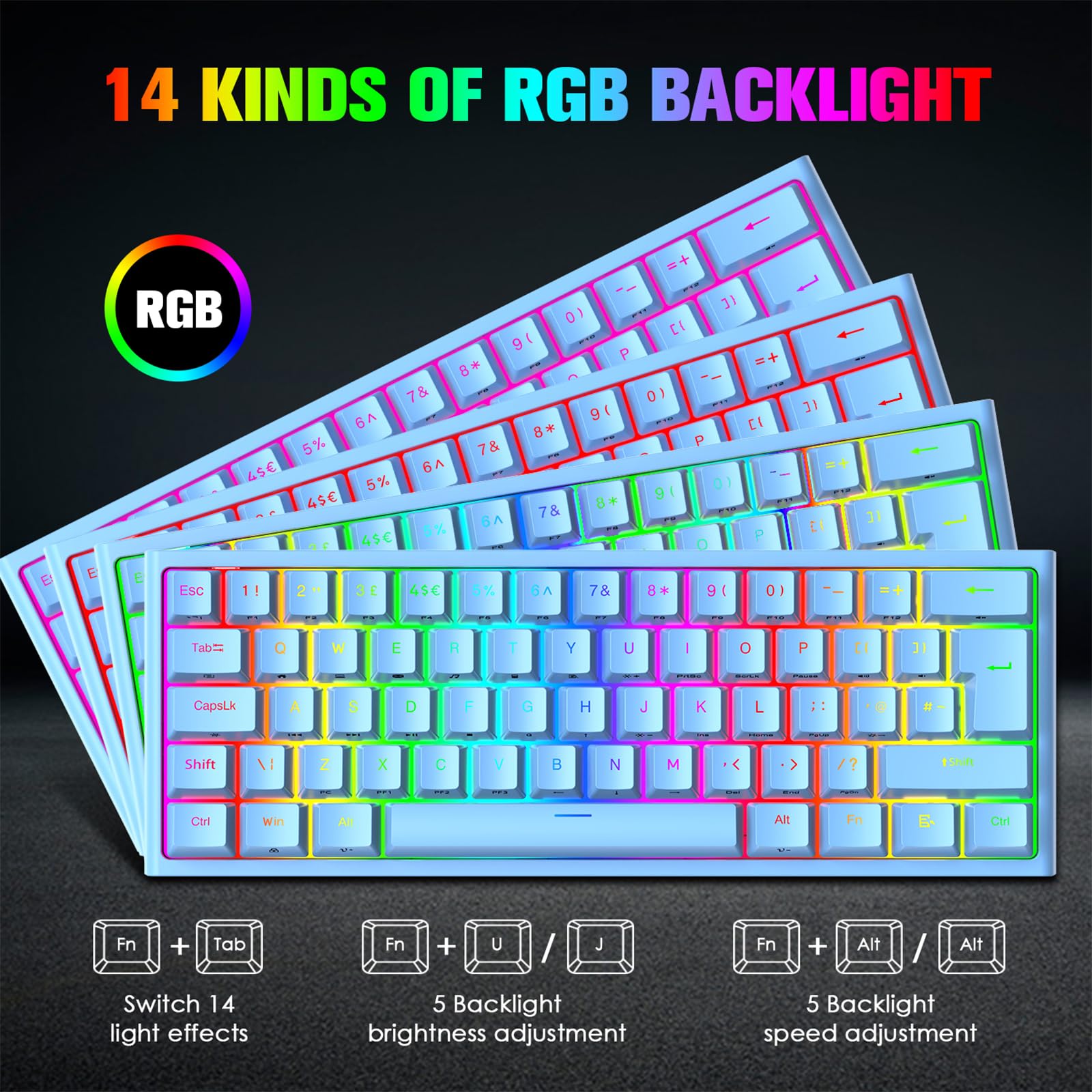 MAGIC-REFINER 60% Gaming-Tastatur Und Maus-Kombination, RGB-Hintergrundbeleuchtung, Mechanische Tastatur, Leichte Gaming-Maus, 62 Tasten, USB-C-Kabel, 6400 DPI, Win/Mac, QWERTY