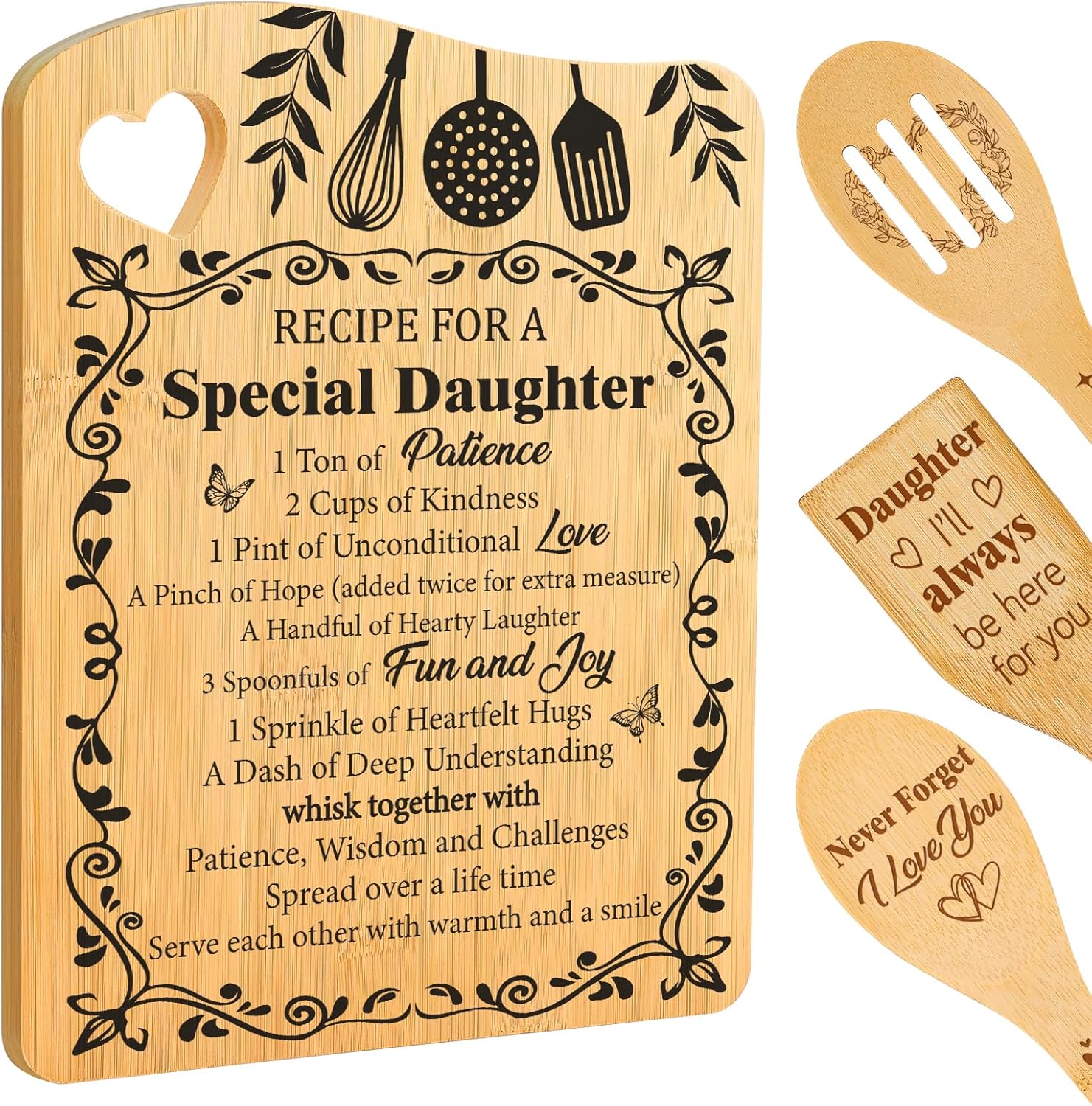 Daughter Gifts from Mom Dad, Valentines Day Gifts for Daughters Recipe for a Special Daughters Cutting Board Set Useful Kitchen Gift for Daughter, Valentine Birthday Gift for Daughter