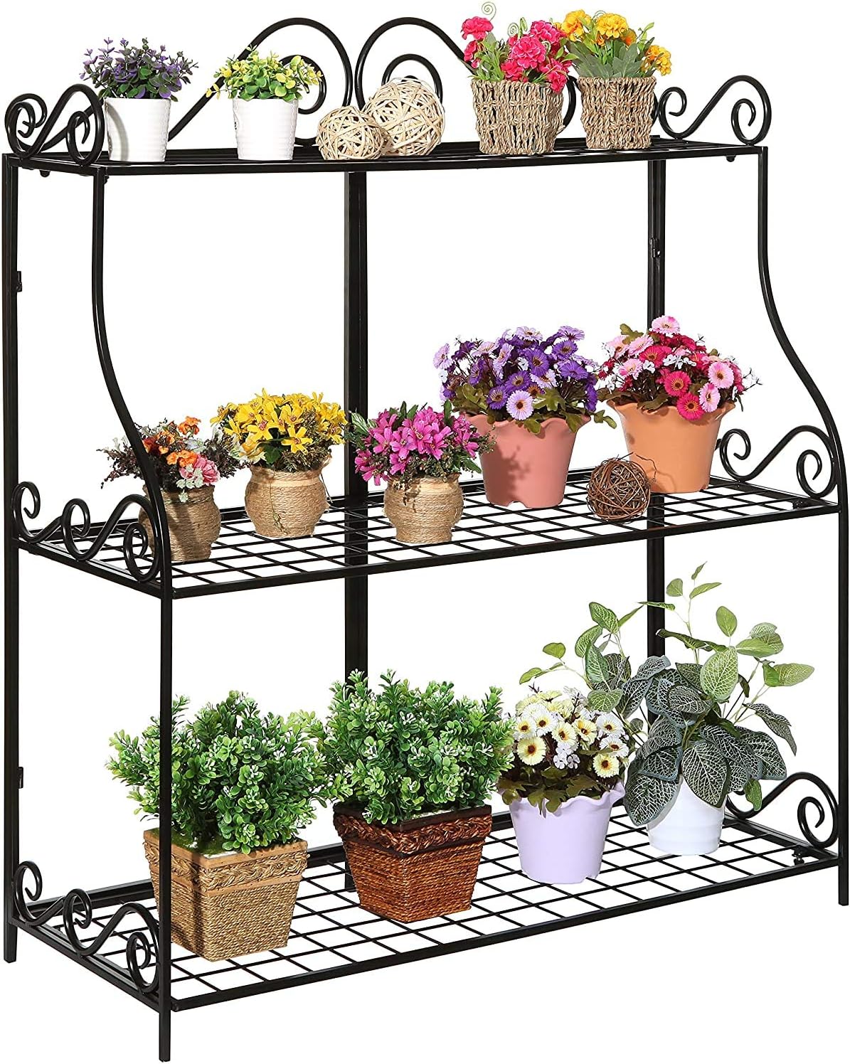 MyGift 3 Tier Black Metal Indoor Plant Stand, Flower Pot