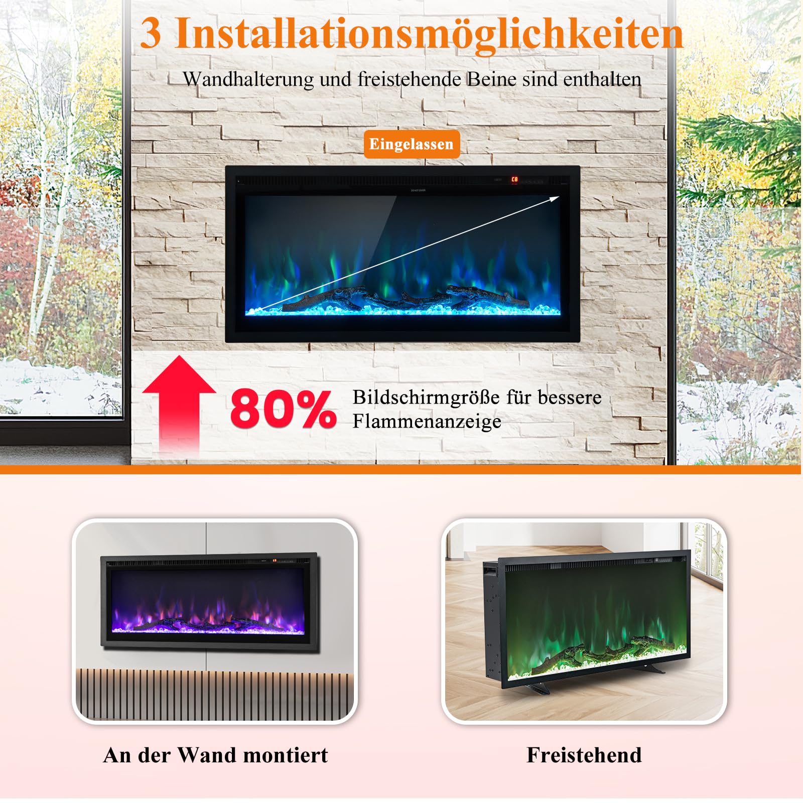RELAX4LIFE 36" Elektrokamin mit heizung, 750W/1500W, schwebender Kamin mit 9-farbig 3D-Flammeneffekt & 5 Helligkeitsstufen, Deko Wandkamin mit Fernbedienung & Touchscreen & 8H Timer, 18℃-28℃, Schwarz