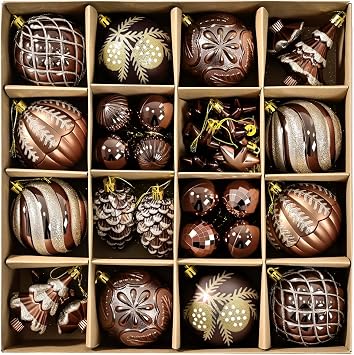 Christmas Ball Ornaments Set, 44ct 80mm Bronze Copper Gold Assorted Xmas Tree Ball Ornaments, Shatterproof Brown Christmas Tree Hanging Ornaments for Xmas Decoration