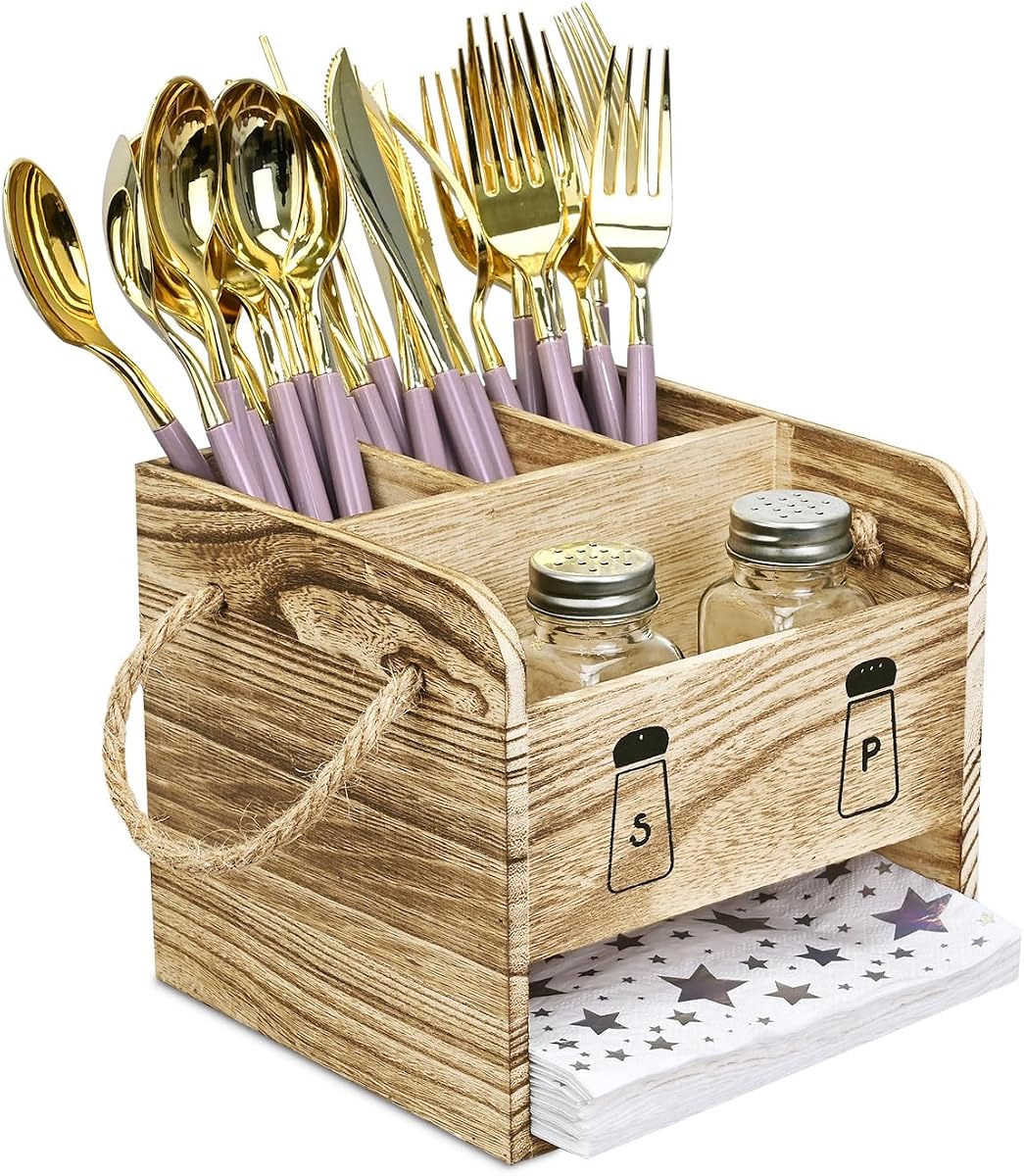 Wooden Utensil Caddy Flatware Holder with Handles - Utensil Holder for Dining Room, Restaurant and Kitchen, Oak Color, 7.13”W x 6.63”D x 7.5”H | FLATWARE CADDY: Oak-color holder with salt and pepper shakers for kitchen or restaurant use; 7.13"W x 6.63"D x 7.5"H.