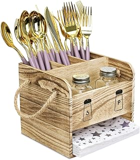 Wooden Utensil Caddy Flatware Holder with Handles - Utensil Holder for Dining Room, Restaurant and Kitchen, Oak Color, 7.13”W x 6.63”D x 7.5”H | FLATWARE CADDY: Oak-color holder with salt and pepper shakers for kitchen or restaurant use; 7.13"W x 6.63"D x 7.5"H.