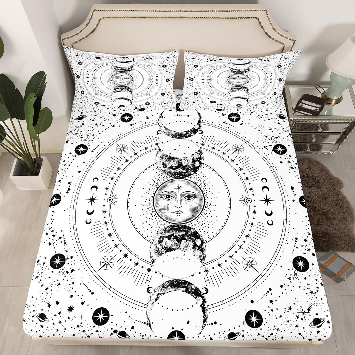 Sun and Moon Fitted Sheet Double Size, Stars Space Psychedelic Bed Cover with 2 Pillowcases, Boho Sun Moon White Bedding Set 3pcs for Kids Boy Girls Teen, Soft Polyester Bedding