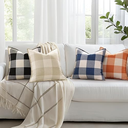 Miniatura 7 de Juego de 2 fundas de almohada de lana cuadriculada con borde recortado para decoración del hogar, cama, sofá, 18 x 18 pulgadas, blanco y negro.