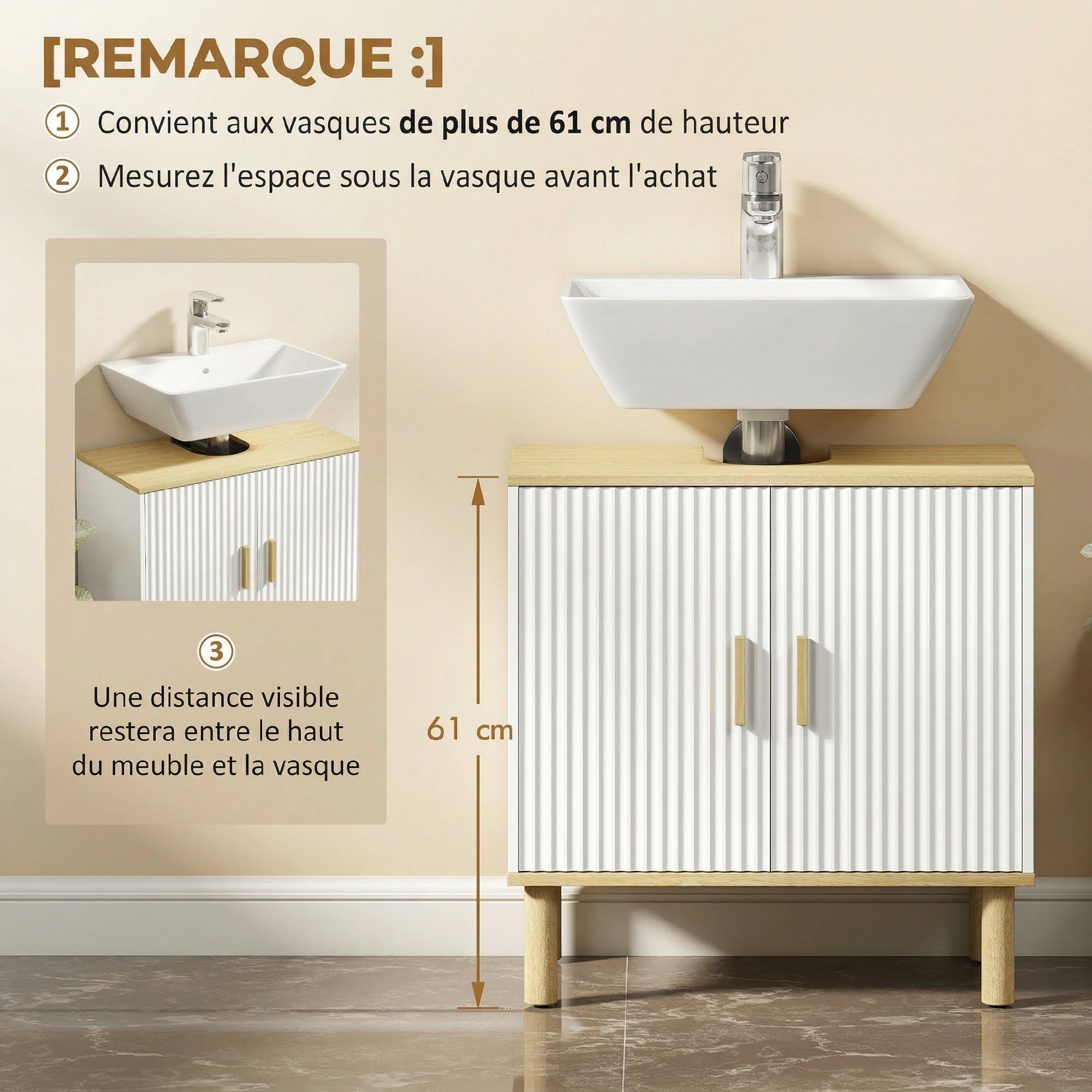 HOMCOM Meuble sous lavabo, Meuble de Salle de Bain avec 2 Portes et étagère réglable, Armoire de Salle de Bains sous lavabo, Style Moderne, 60 x 30 x 61 cm, Blanc