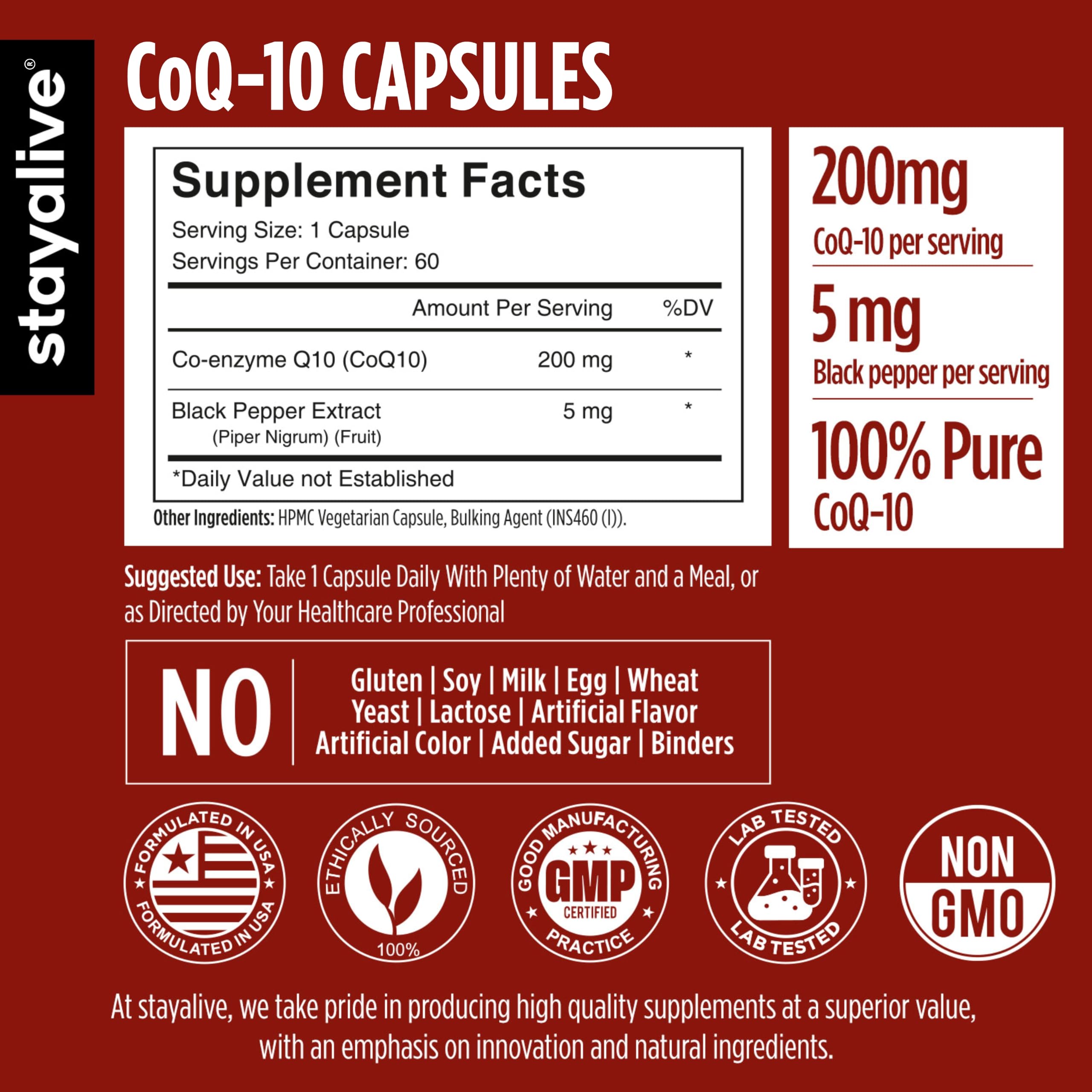 STAY ALIVE CoQ10 Capsules 200mg w/Black Pepper Extract For Men's Fertility, Heart Health & Cellular Function | 60 Coenzyme Q10 Capsules | Non-GMO & Gluten-Free CoQ10 Supplement for Men & Women — Amazon image 2