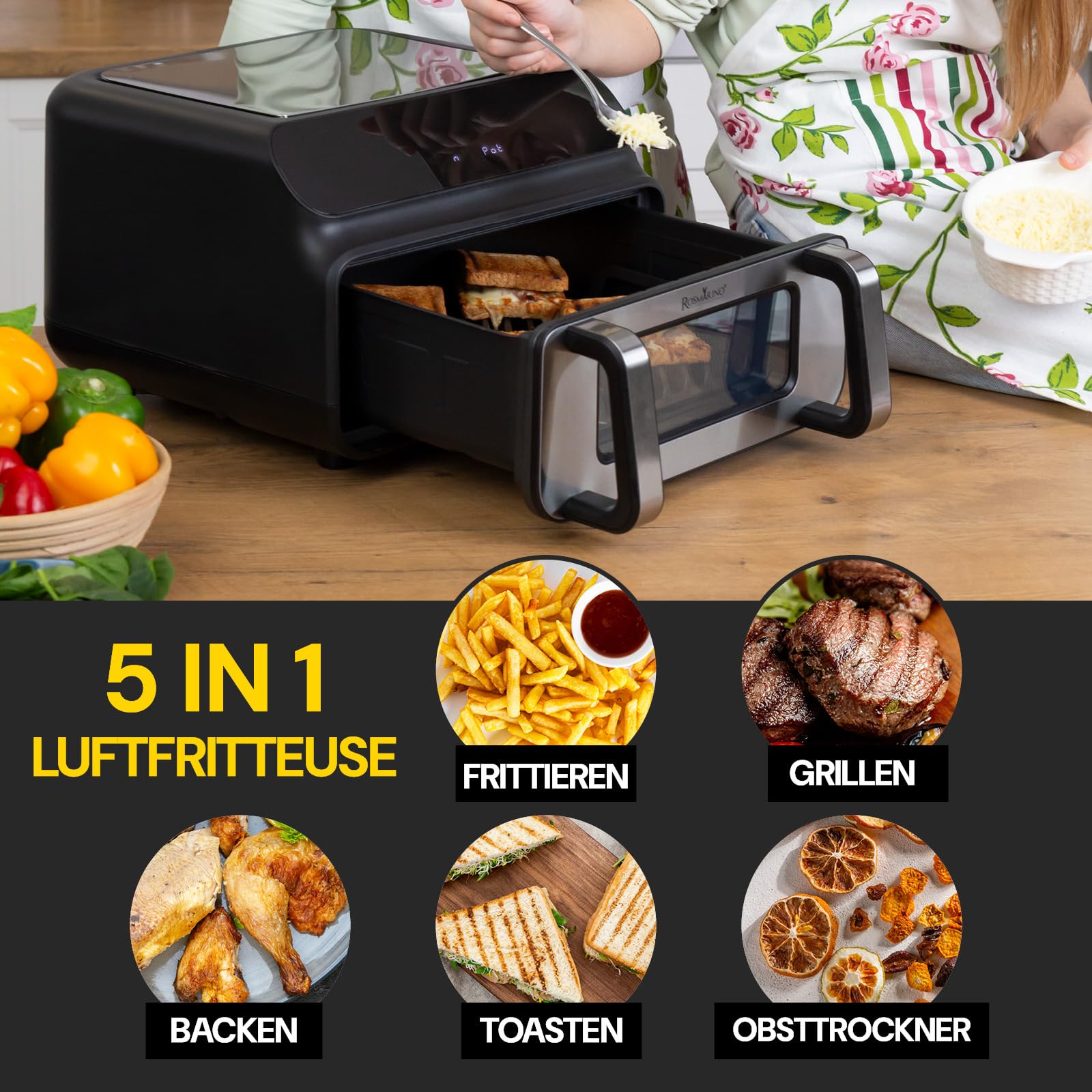 Rosmarino Infinity MasterPro Heißluftfritteuse Airfryer 10L - Multifunktion 5-in-1: Heißluftfritteuse, Elektrogrill, Backofen, Dehydrator, Mikrowelle | Große Familiengröße | Energiesparend