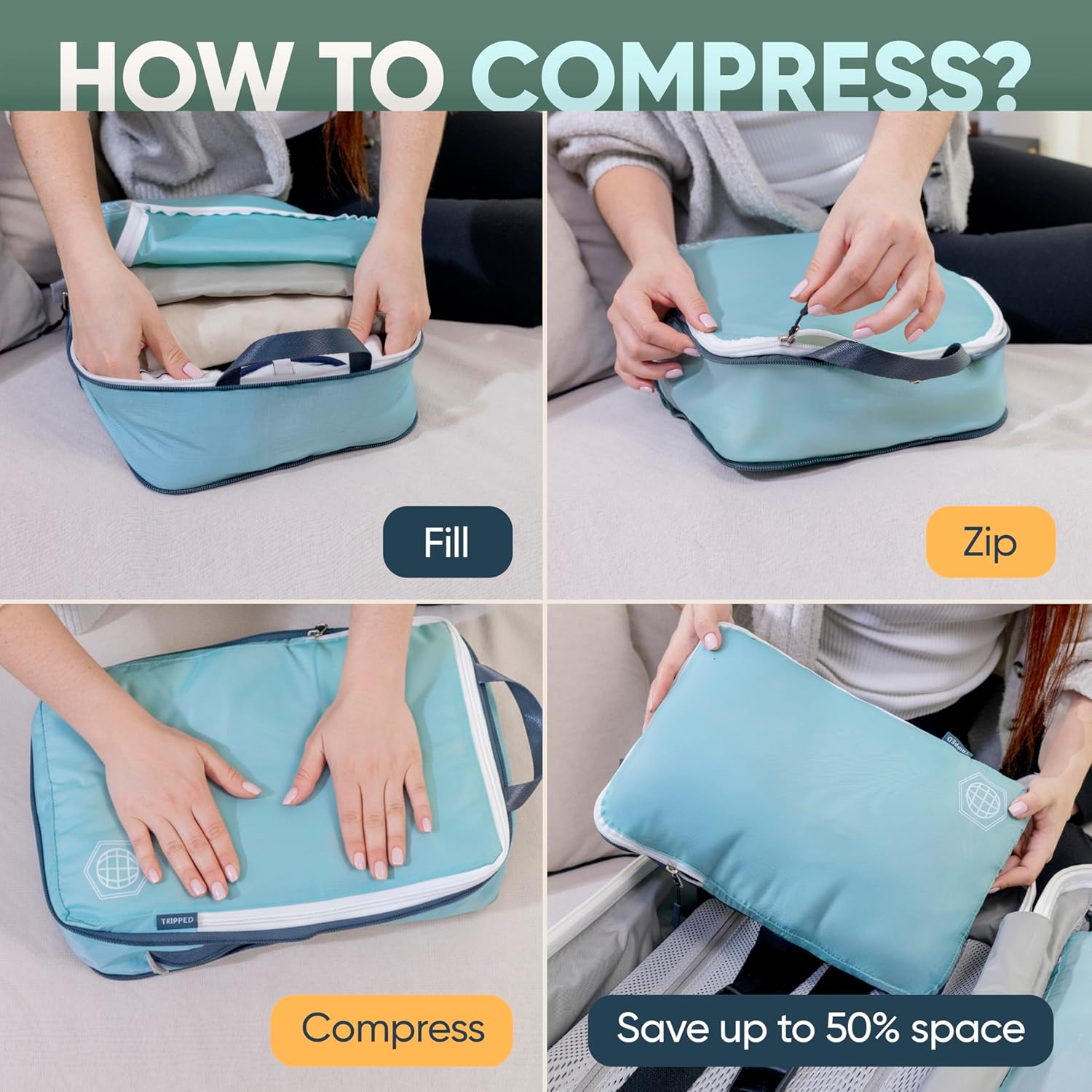 Large Compression Packing Cubes for Travel-Packing Cube Luggage Organizers 7 Piece Set for Checked Luggage-Ultralight, Expandable/Compression Bags by TRIPPED Travel Gear (DustyTeal/White) - Image 8