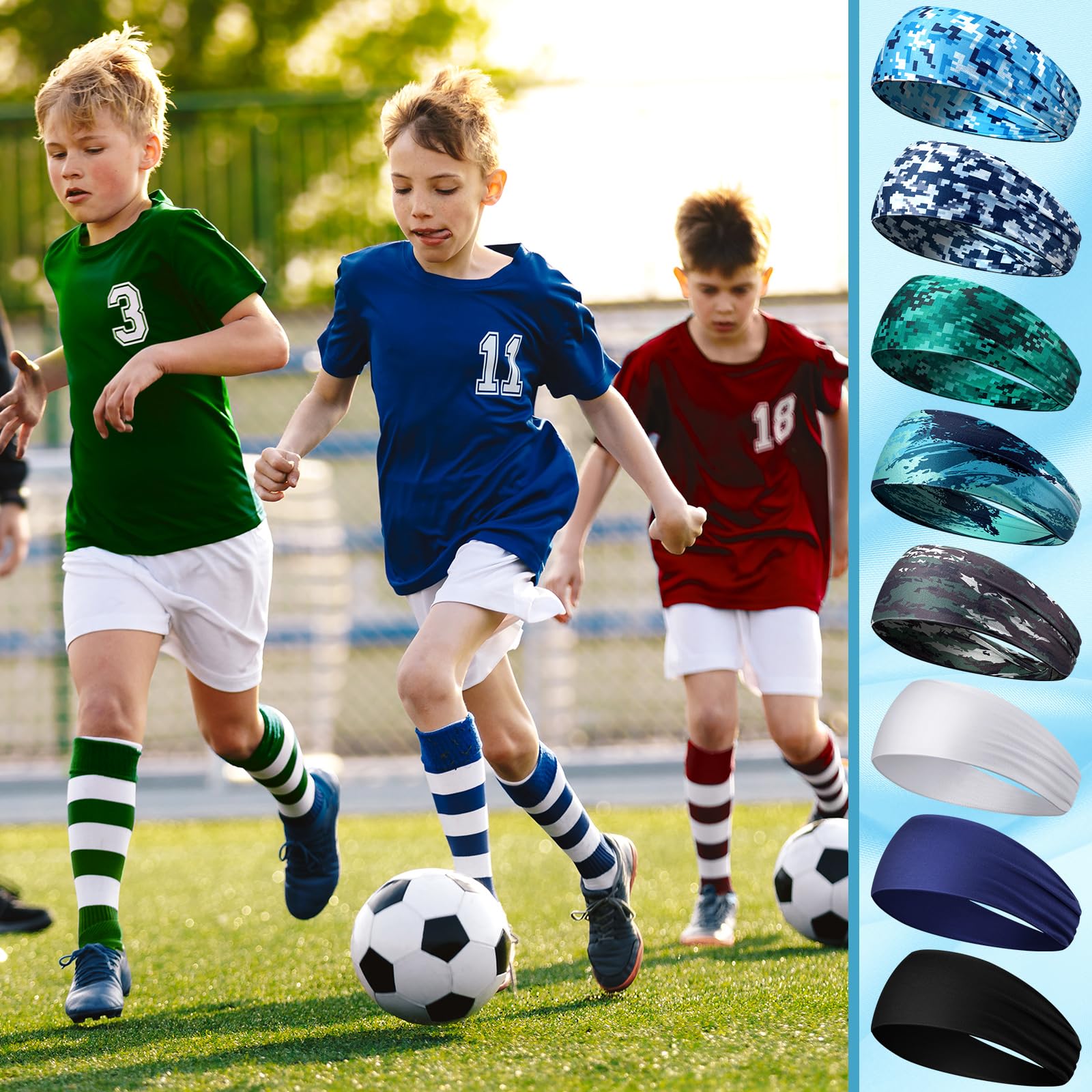 Haull Schweißbänder für Kinder, Jungen, Stirnbänder, athletisch, Baseball, Basketball, Fußball, atmungsaktiv, elastisch, für Sport, Laufen, Training, 8 Stück