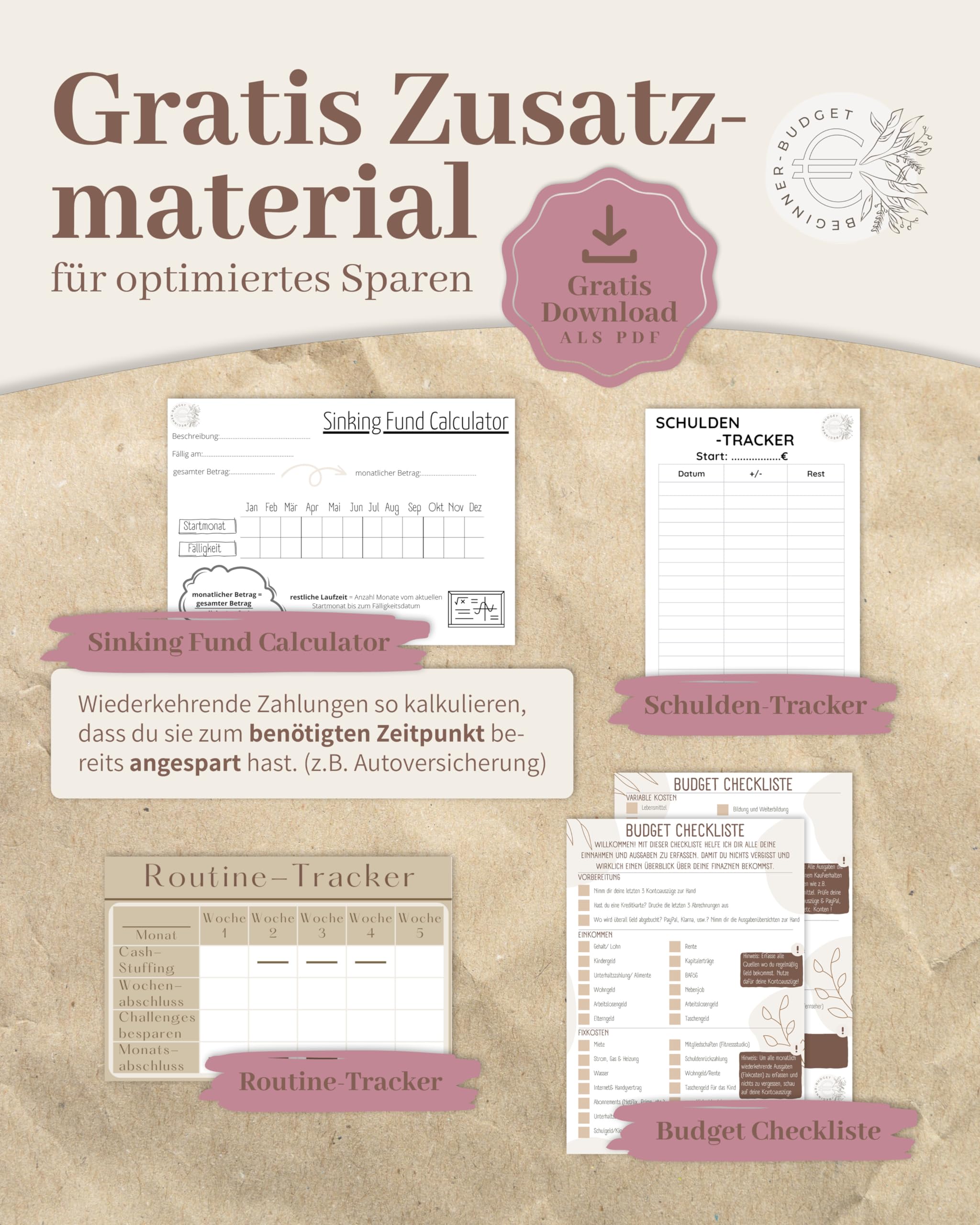 BeginnerBudget® Budget Planner Deutsch - Starterset mit Sparchallenge Budgetplaner - Sparen mit Umschlagmethode + Anleitung - Ringbuch - Binder A6 Glattleder-Style (Rosa)