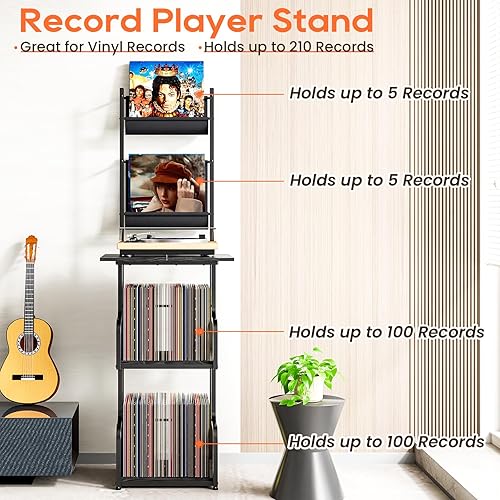 Miniatura 2 de TJ.MOREE Soporte para tocadiscos con almacenamiento de vinilo, mesa alta para tocadiscos con soporte para tocadiscos y soporte para discos de vinilo