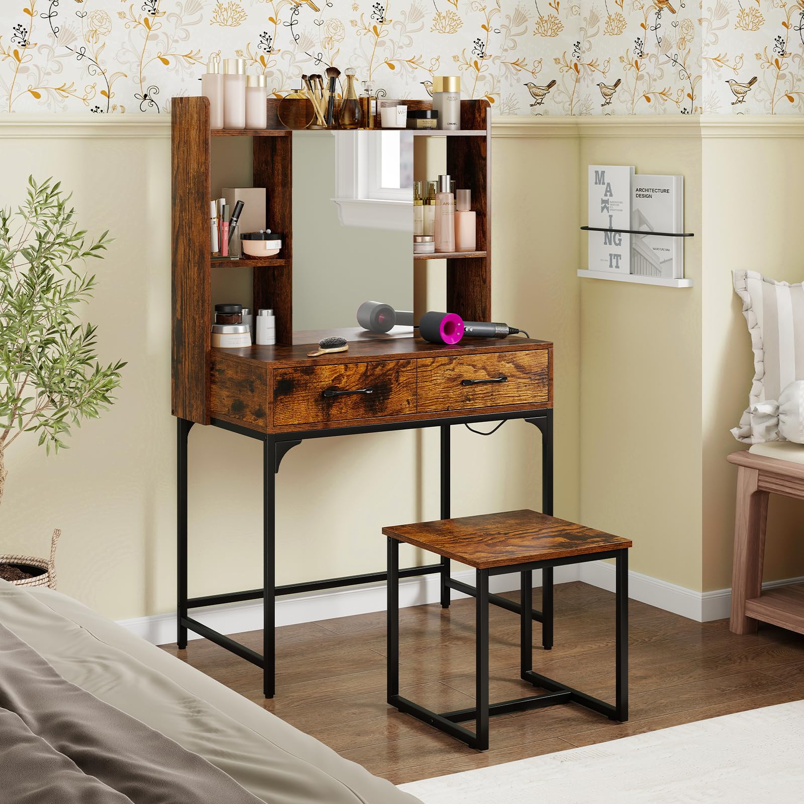 COSTWAY Toletta da Trucco con Specchio, Set Tavolo e Sgabello da Trucco con Stazione di Ricarica, Cassetti, Ripiani Aperti e Armadio, Consolle Toeletta con Sgabello, 80 x 50 x 138 cm (Marrone)