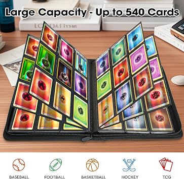 Trading Card Album, Card Scrapbook with 9 Compartments for up to 540 Cards, Portable Zip Binder, Cards Binder for MTG, TCG, Baseball Cards (Black)