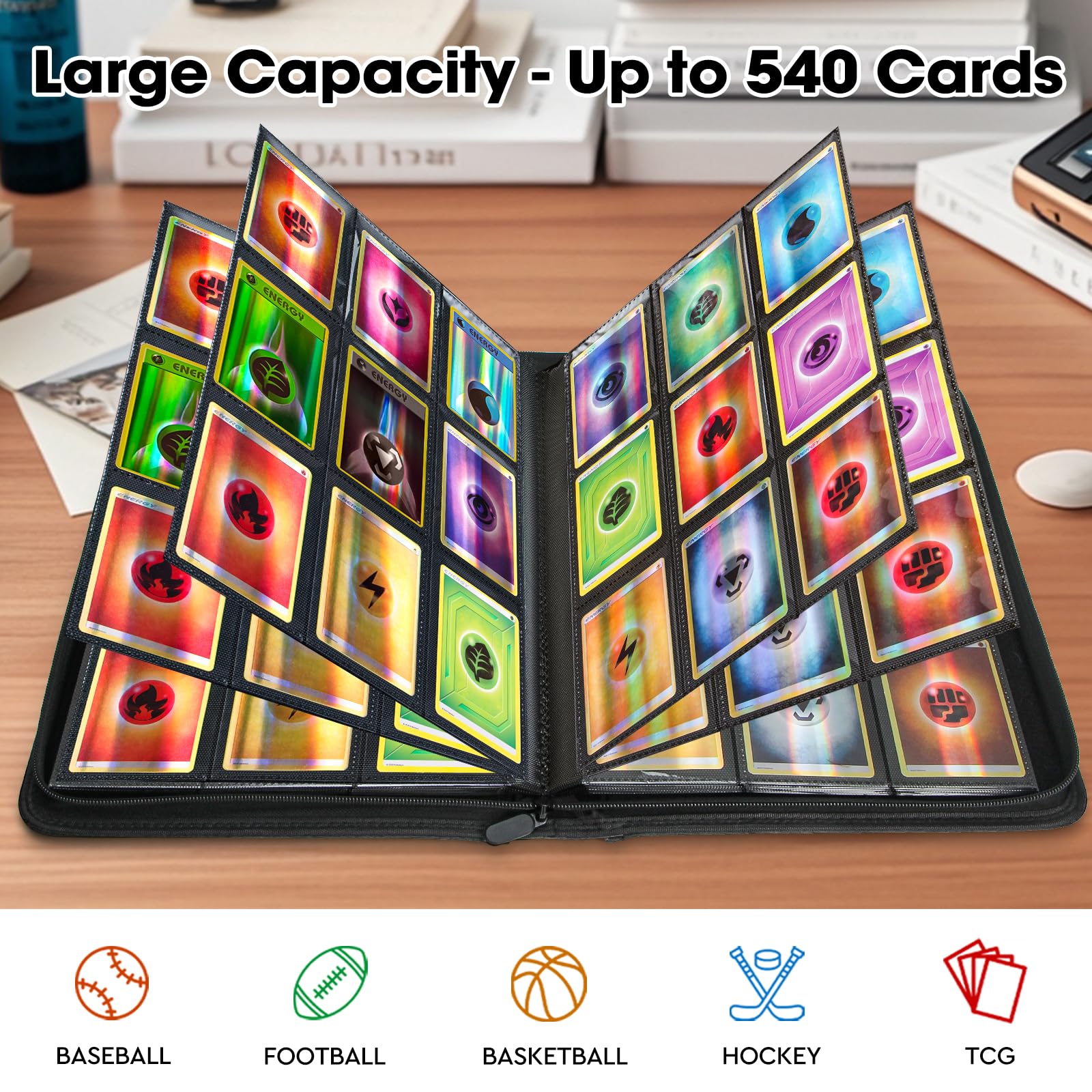 Álbum de para Cartas, Álbum de Cartas Coleccionista con 9 Bolsillos para 540 Cartas, Card Binder es Adecuado para MTG, TCG, Compatible con Varias Tarjetas de Tamaño Estándar(Negro)