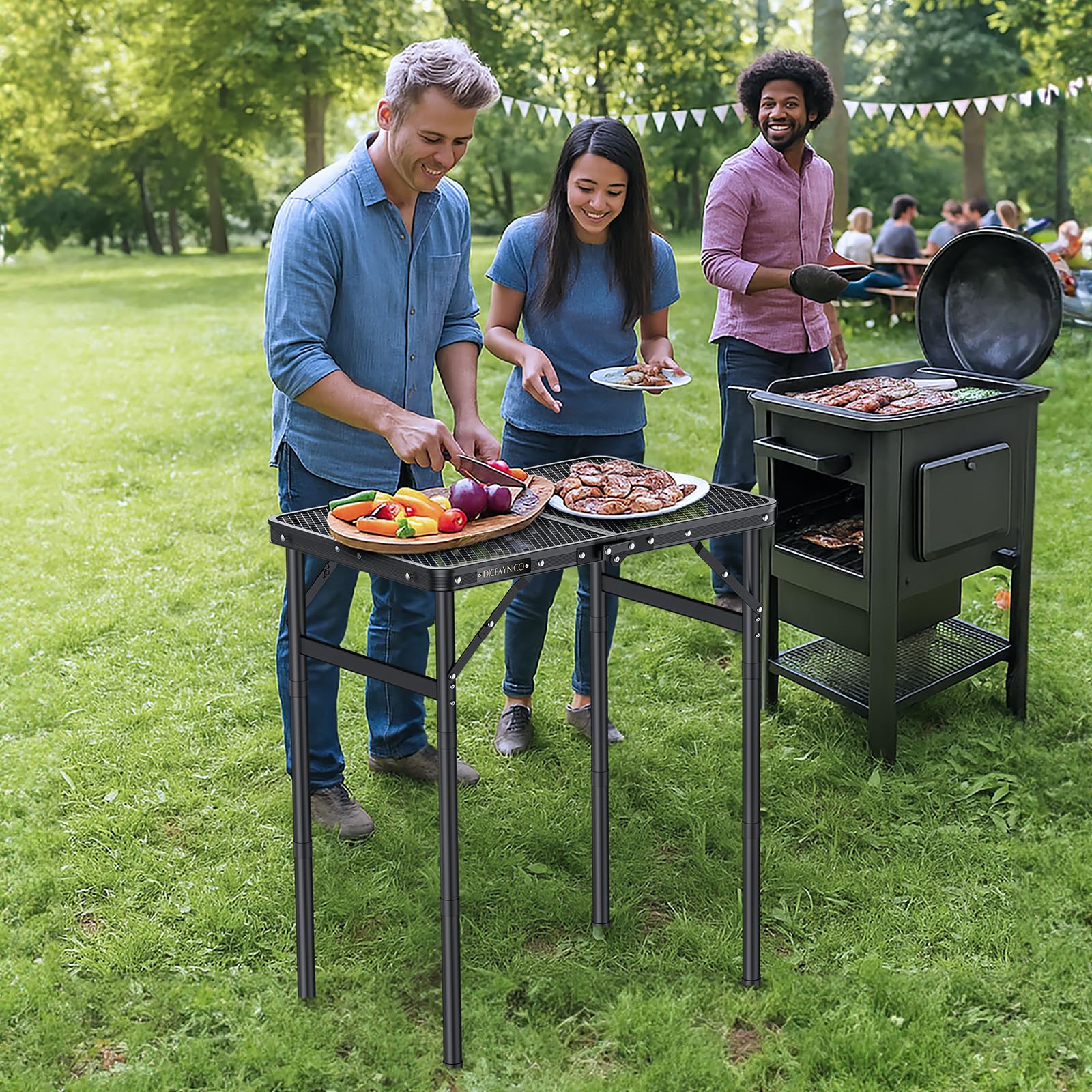 Klappbarer Grilltisch 56 x 38 x 70cm, 3-Fach Höhenverstellbar | Bis 70 cm Höhe, Aluminium mit Gitterplatte, Tragegriff, für Grillen, Camping, Garten, Terrasse, Picknick und Markt