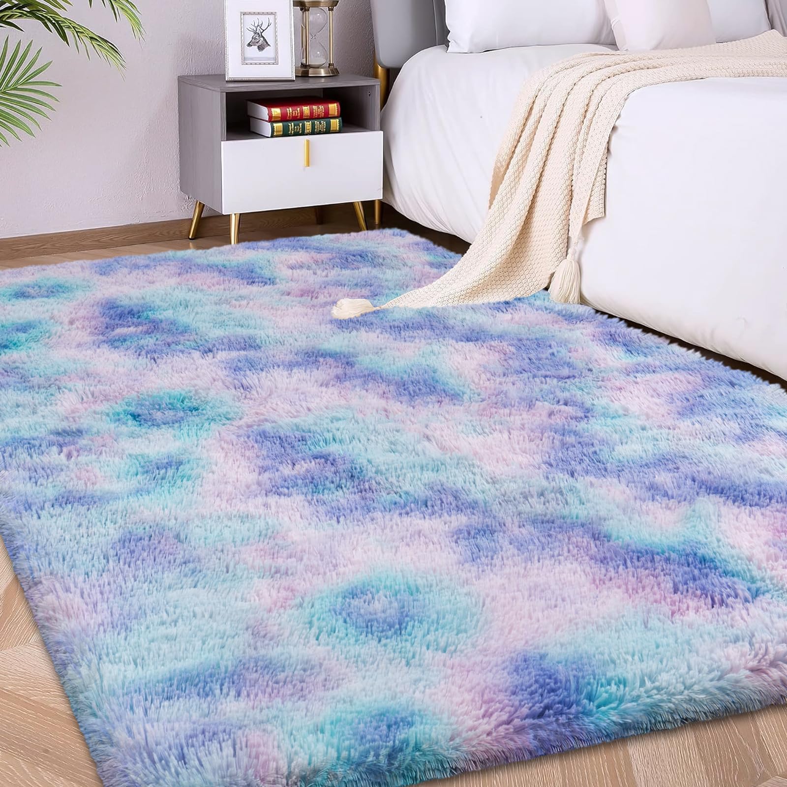 FVVRAX 120x180cm Blue Rainbow Shaggy Rug – Soft Fluffy Area Rug for Living Room & Bedroom, Non-Slip Plush Tie-Dyed Carpet for Kids, Nursery, Dorm, Machine Washable Large Floor Mat