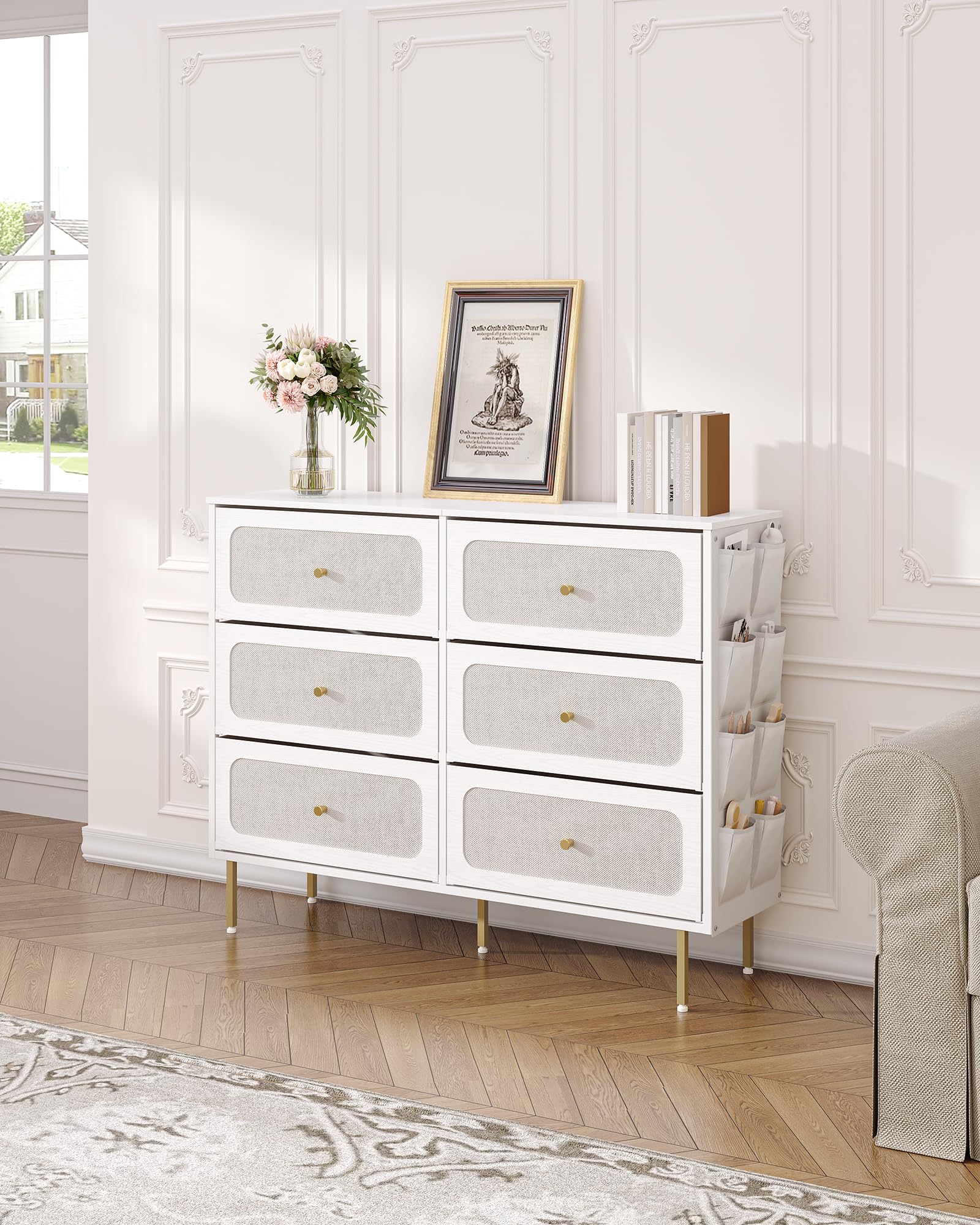 Hzuaneri Commode 110cm, Armoire avec 6 Tiroirs en Tissu, Meuble de Rangement, Cadre en Métal, 30 x 110 x 85 cm, pour Le Salon et la Chambre, Style Moderne, Blanc-Or DU25813AW