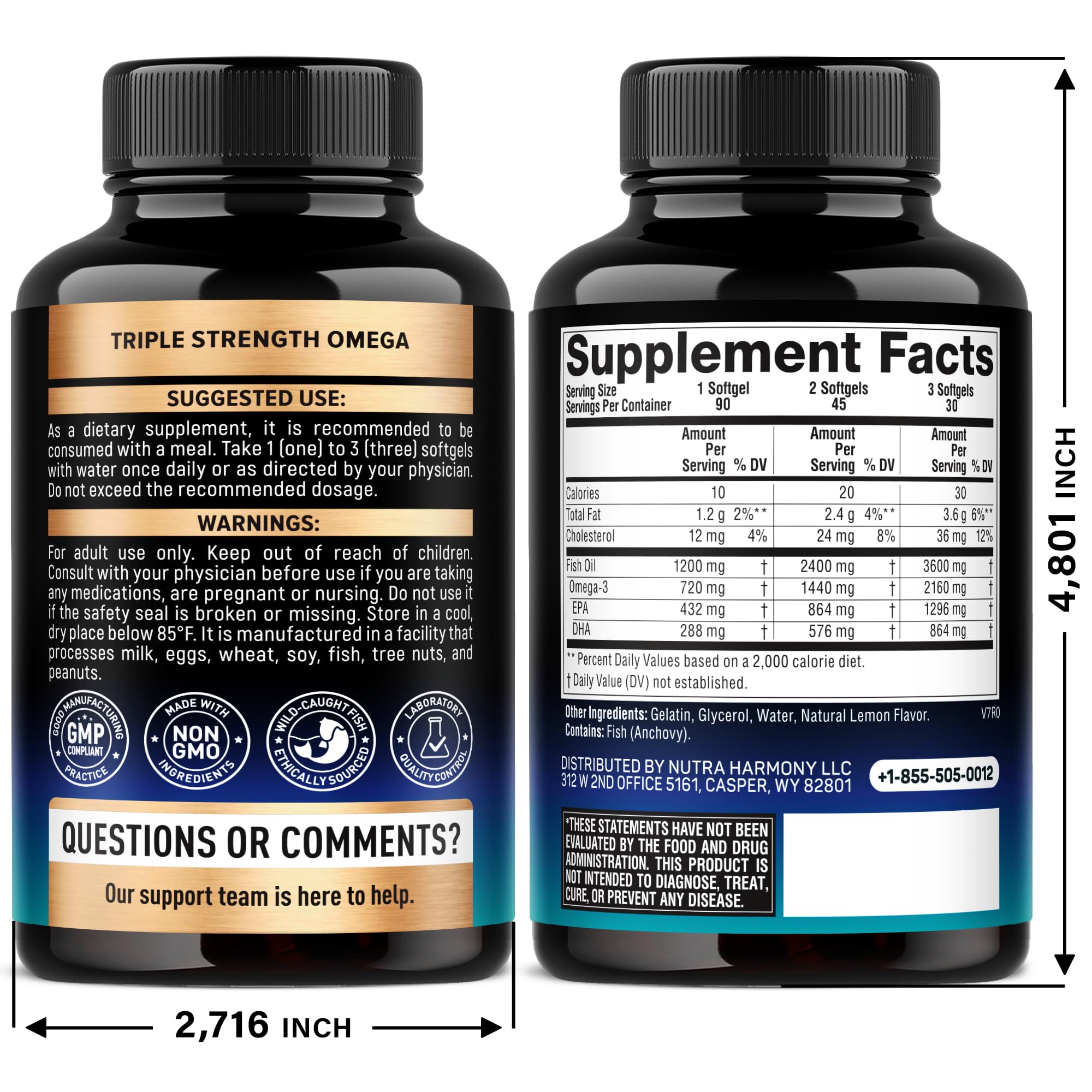 Omega 3 Fish Oil 3600 mg - Omega 3 Supplement | EPA & DHA - Heavy Metals Free - Heart, Brain & Joint Support - Purified Fish Oil for Men & Women - Burpless, Lemon Flavored - Made in USA, 90 Softgels