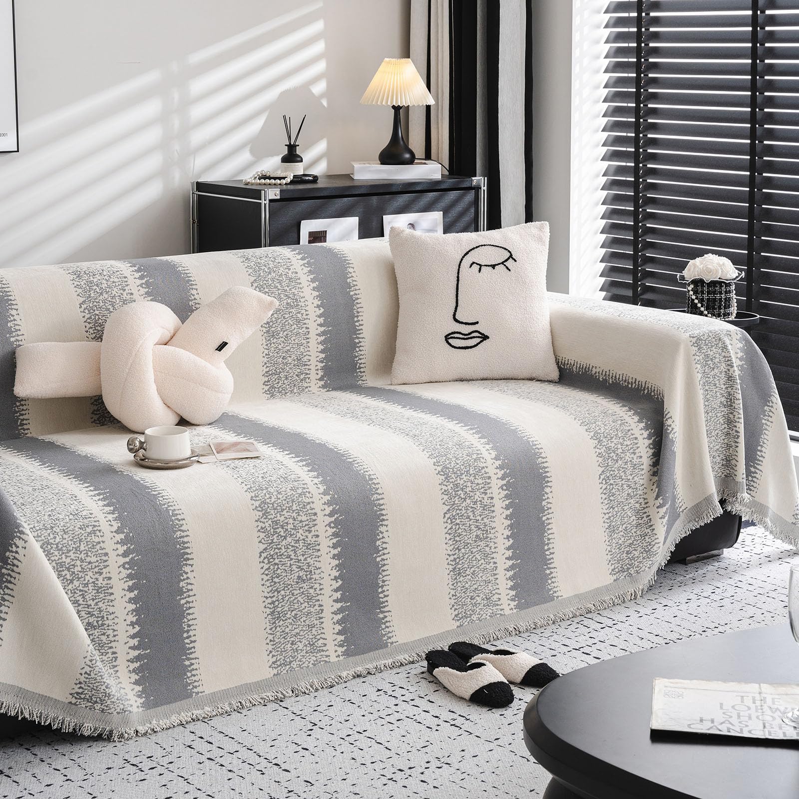 DREAMINGO Grey Couch Cover Pet Furniture Protector Slipcover for Dogs Washable Chenille Throw Stripe Jacquard Cream Beige for Sectional 3 Cushion Sofa, 71"x150" — image 1
