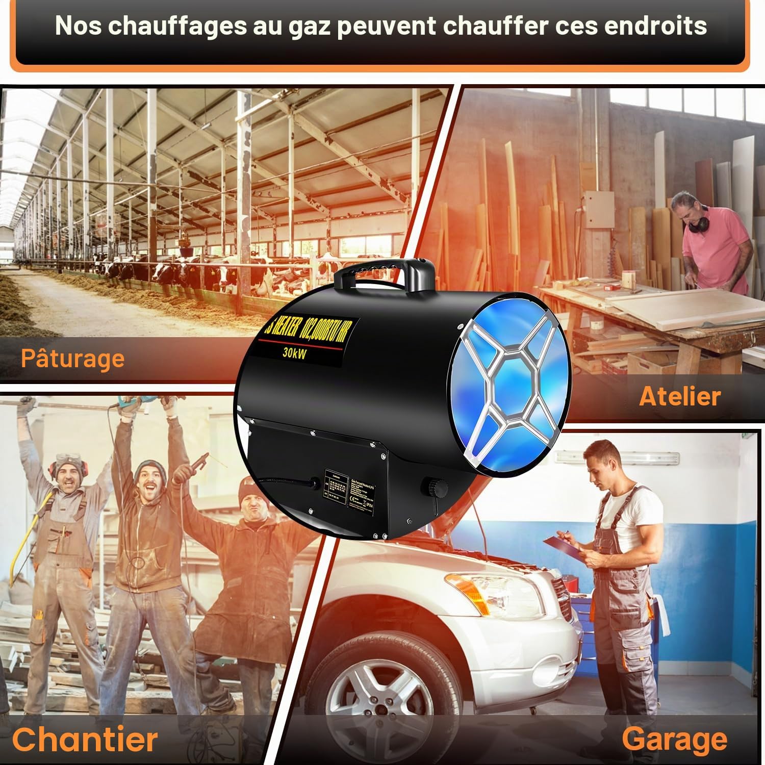 Ikodm Chauffage à gaz pour intérieur 30 kW 220 V Chauffage à gaz soufflant au gaz propane 650 m³/h Débit d'air avec tuyau de gaz de 1,2 m et soupape de réduction de pression 700 mbar