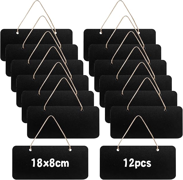 Bigxin 12 Pieces Rectangle Chalkboard, 18x8cm Wooden Hanging Chalkboard Small Wooden Message Board Erasable Hanging Chalkboard with Hanging Rope for Wall Wedding Party Decoration