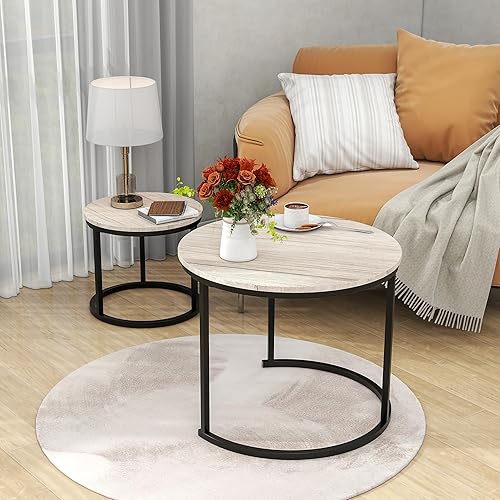 Miniatura 4 de HOJINLINERO Juego de 2 mesas de centro redondas para sala de estar, mesa de centro pequeña negra, mesa de estar, mesas anidables, marco de metal con