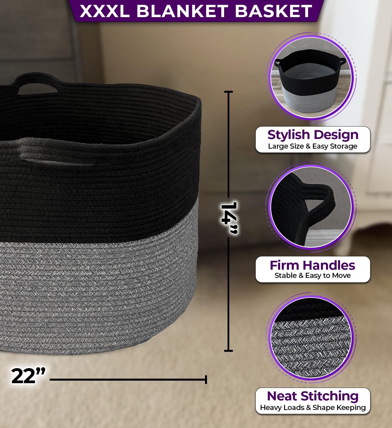 Extra Large Blanket Basket for Living Room – Large Woven Storage Basket 22