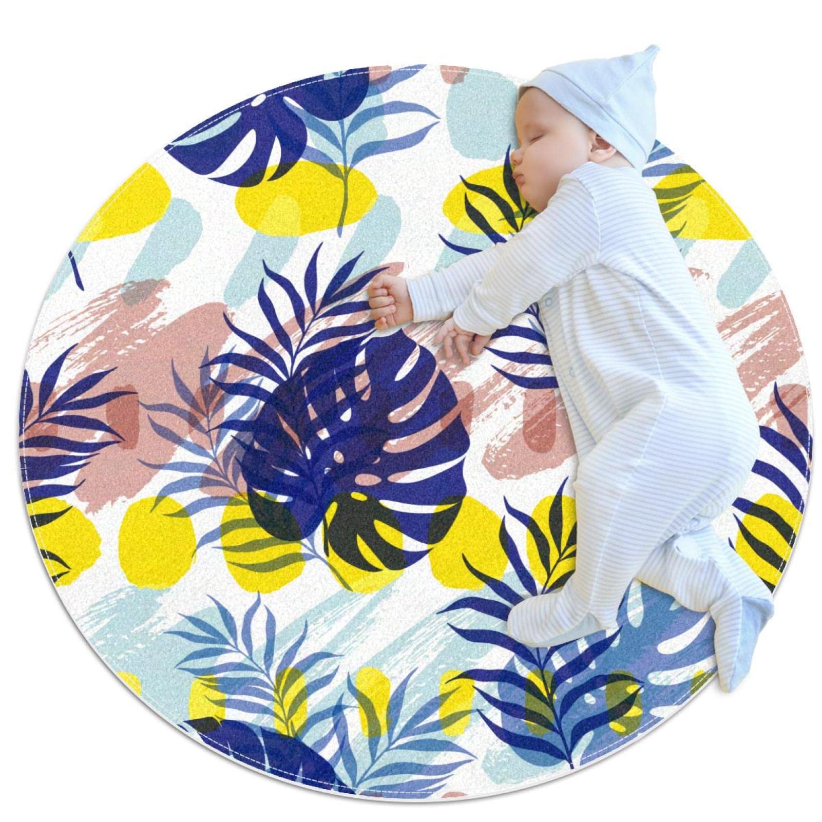 Tapis de jeu pour enfants motif feuilles tapis rond doux animaux filles garçons