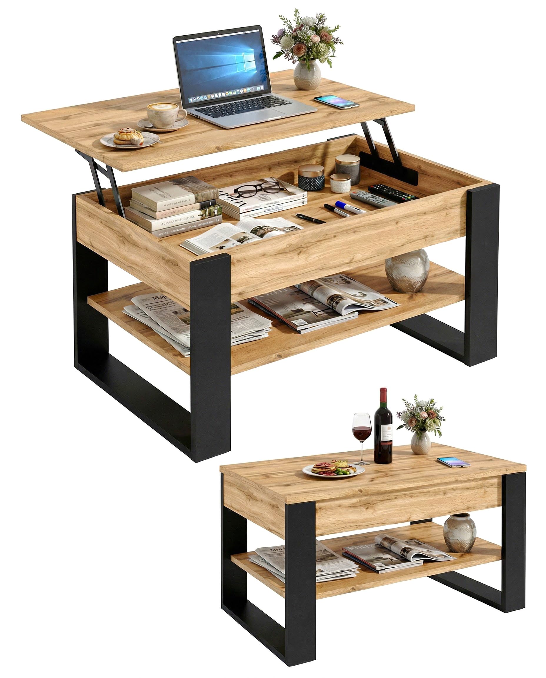Couchtisch mit anhebbarer Platte | Höhenverstellbarer Wohnzimmertisch mit Stauraum | Sofatisch Eiche Wotan Schwarz modern mit Ablage & verstecktem Fach – Coffee Table für Wohnzimmer & Büro
