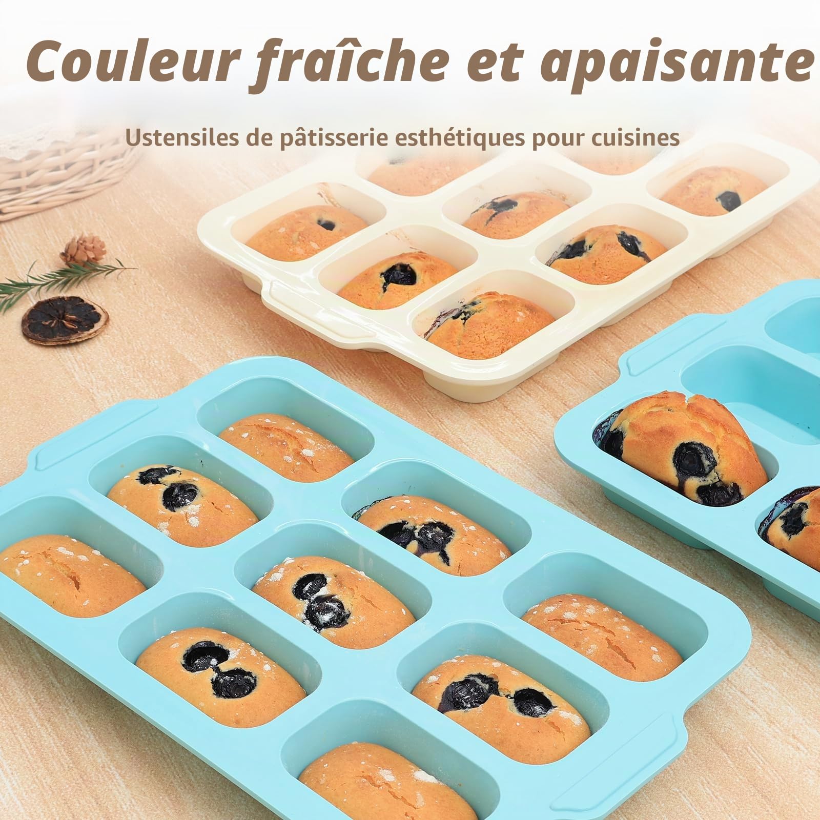 Moule Mini Cake Silicone: 2 Pièces Moule à Mini Cake avec Poignées - Antiadhésif Moules Gâteau Enfant pour Brownie/Pain/Pâtisserie Cuisson (Vert menthe & Beige)