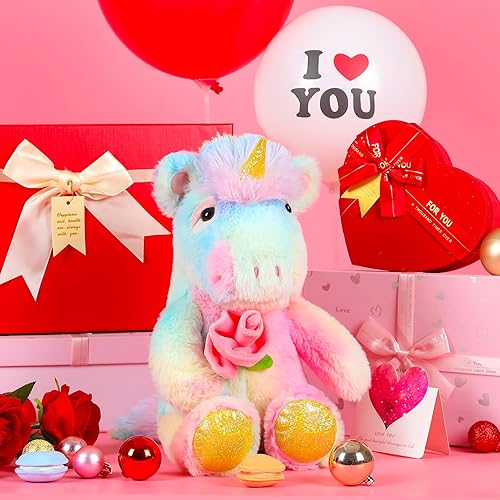 Miniatura 2 de IKASA Juguete de peluche de unicornio con flor rosa para el día de San Valentín, lindo juguete de peluche suave de 13.5 pulgadas, regalo para novia