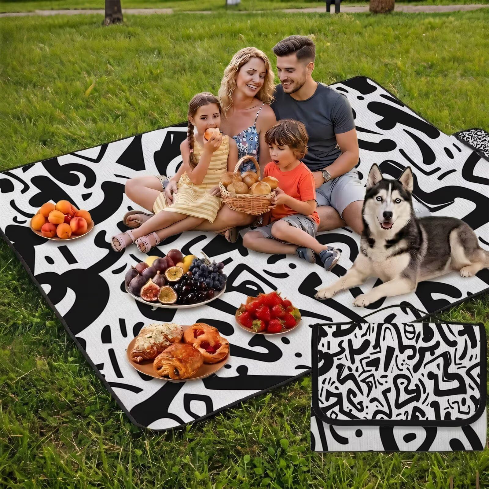 Couverture Pique Nique Grande 200x300cm,Outdoor Couverture Imperméable,Pliable Tapis de Plage Dos en PVC,Picnic Blanket pour Camping Accessoires,Jardin,Parc,Famille - Noir,Blanc,géométrie FZ-177